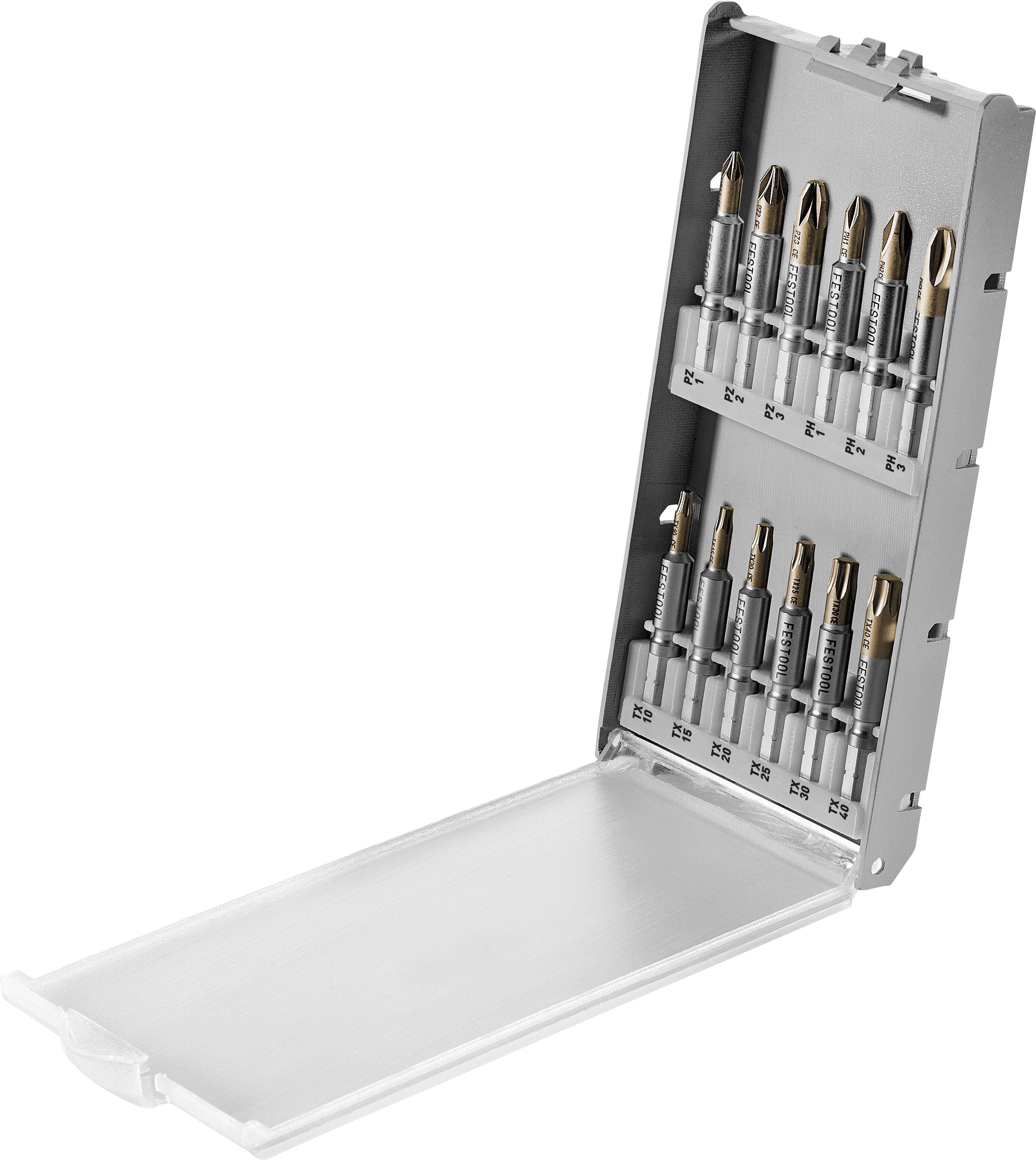 Set of precision screwdrivers in a compact, open grey case, showing various sizes with metallic tips, ready for use.