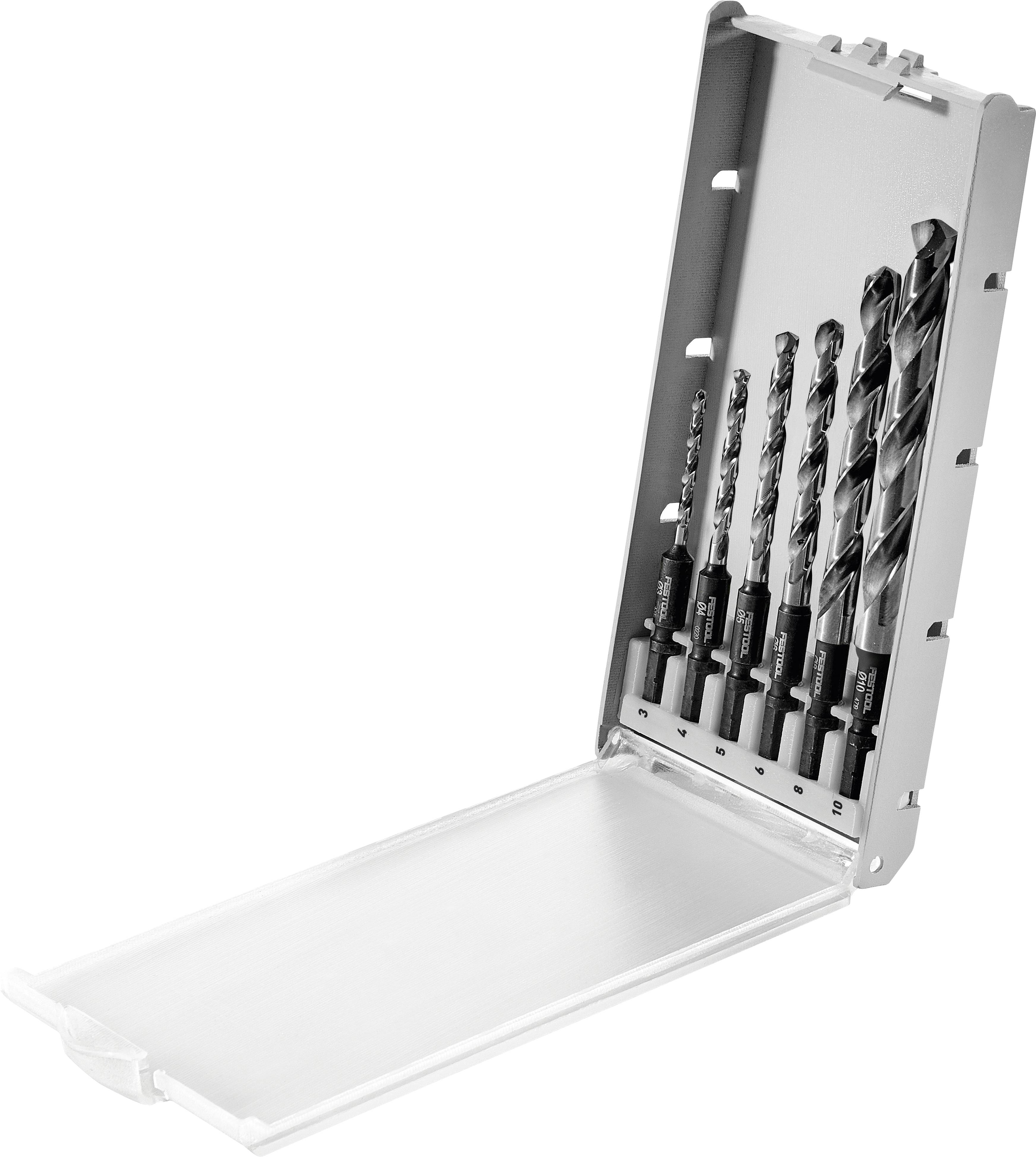 A set of five metal drill bits arranged by size, housed in an open metal case. The bits are neatly aligned, showcasing their spiral flutes.