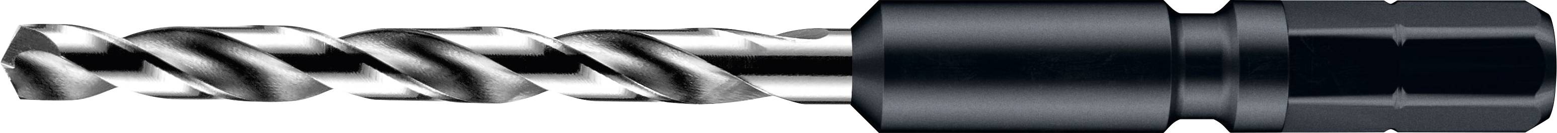 A metallic drill bit with a spiral design is attached to a black drill chuck.