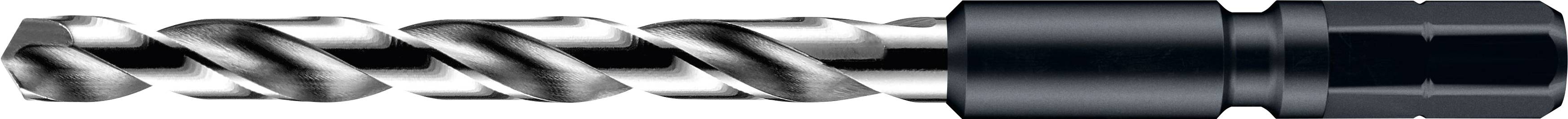 A close-up view of a metal drill bit with a spiraled design and a dark-colored hexagonal socket at the end, used for drilling holes.