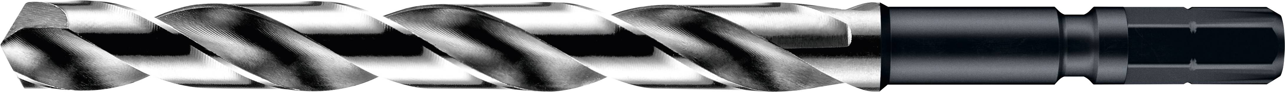A close-up of a shiny metallic drill bit with a helical groove pattern, used for cutting or boring into materials like wood or metal.