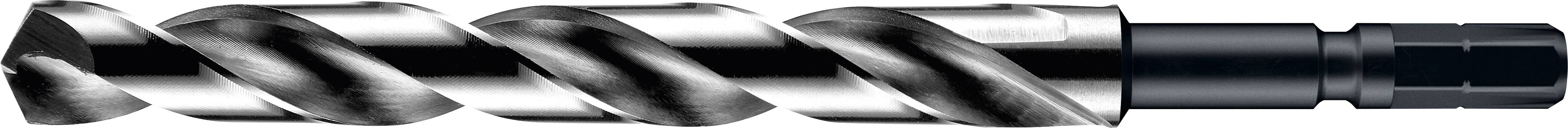 A silver and black spiral drill bit with a smooth, reflective surface, designed for industrial or manufacturing purposes.