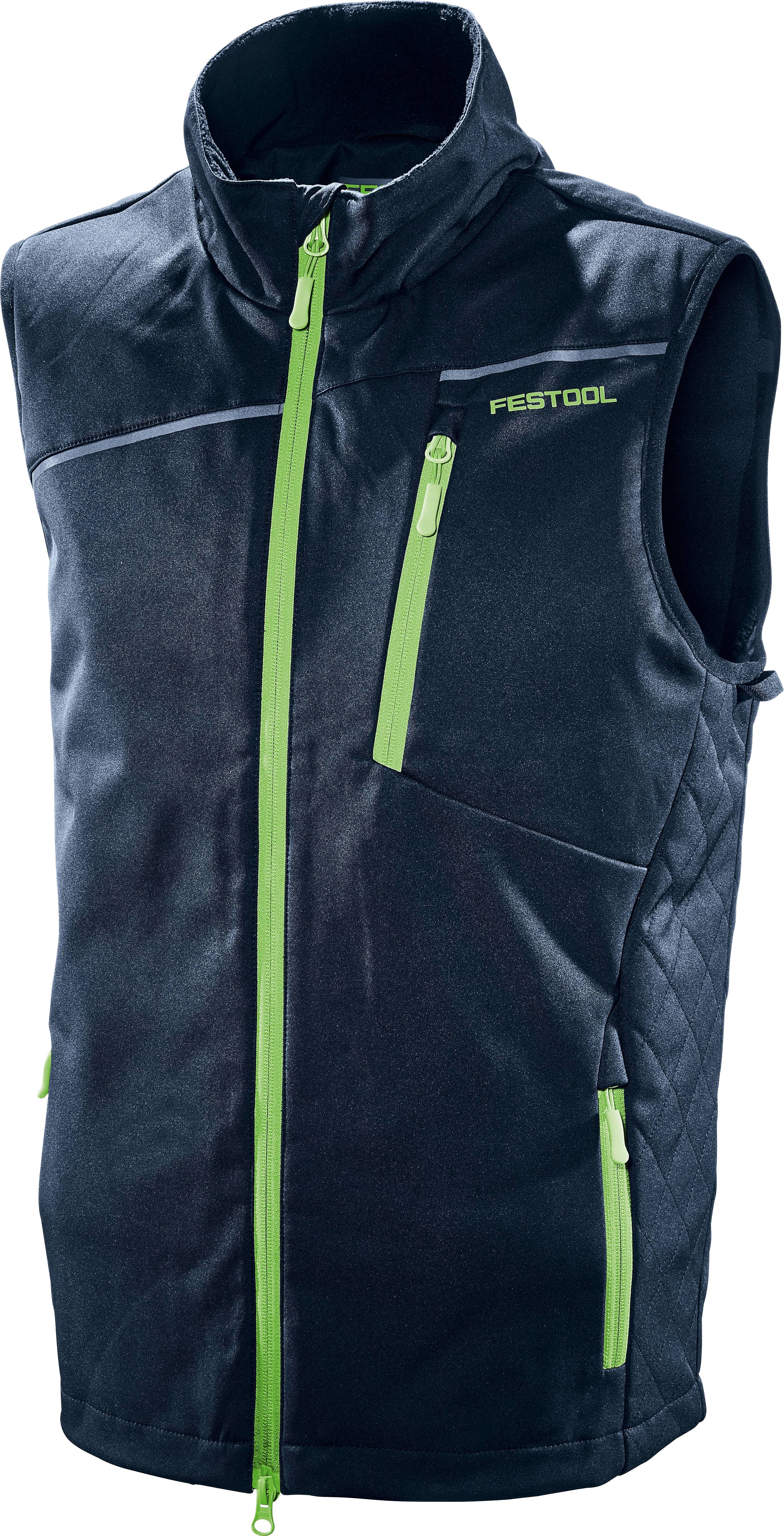 Black sleeveless vest with green zippers and 'FESTOOL' logo, featuring a high collar and quilted side panel.