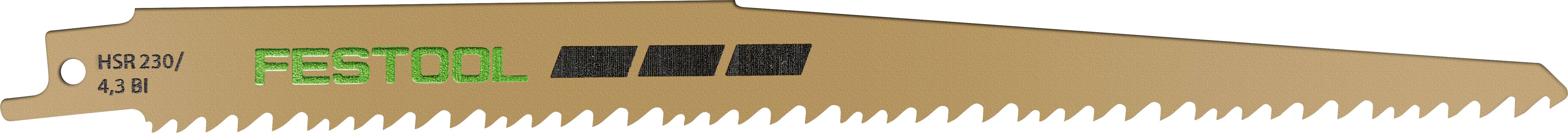 A gold-colored saw blade labeled 'FESTOOL' with sharp, evenly spaced teeth along one edge, designed for cutting through materials.