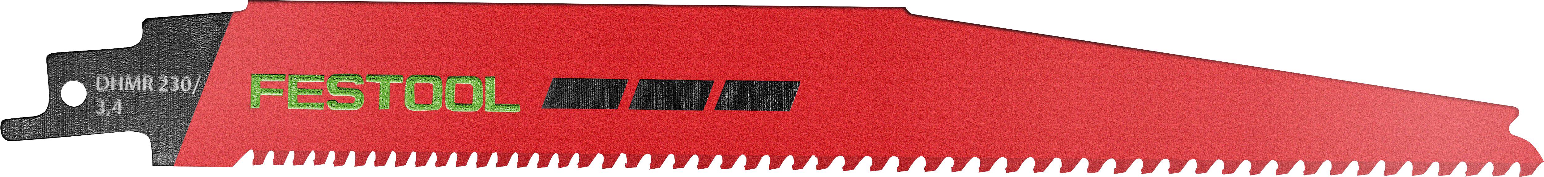 'Festool' branded reciprocating saw blade, red with black and green markings. Designed for cutting materials, features sharp teeth.