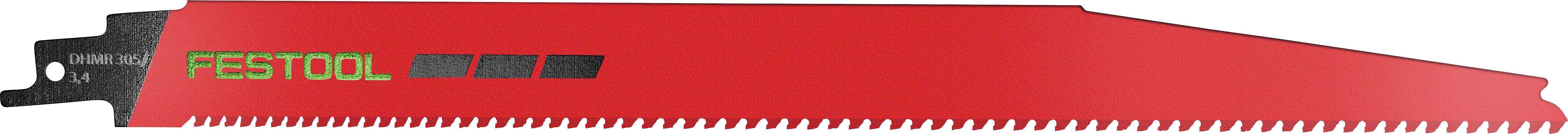 A metal cutting saw blade marked 'FESTOOL 523369'. The blade is red, has numerous sharp teeth along the edge, and is designed for precision cutting.