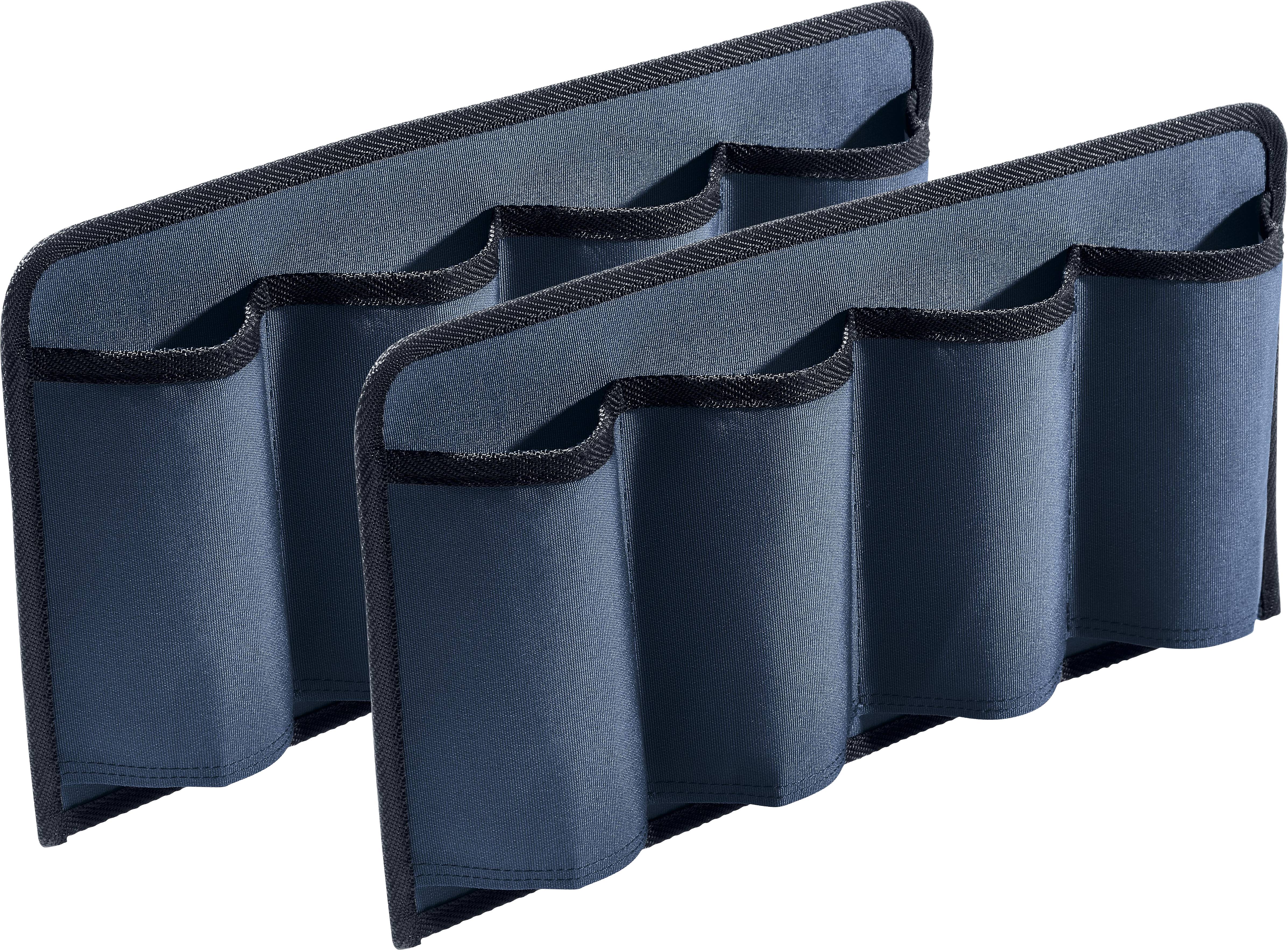 Two blue fabric pocket organizers with multiple compartments are designed for holding and organizing items.