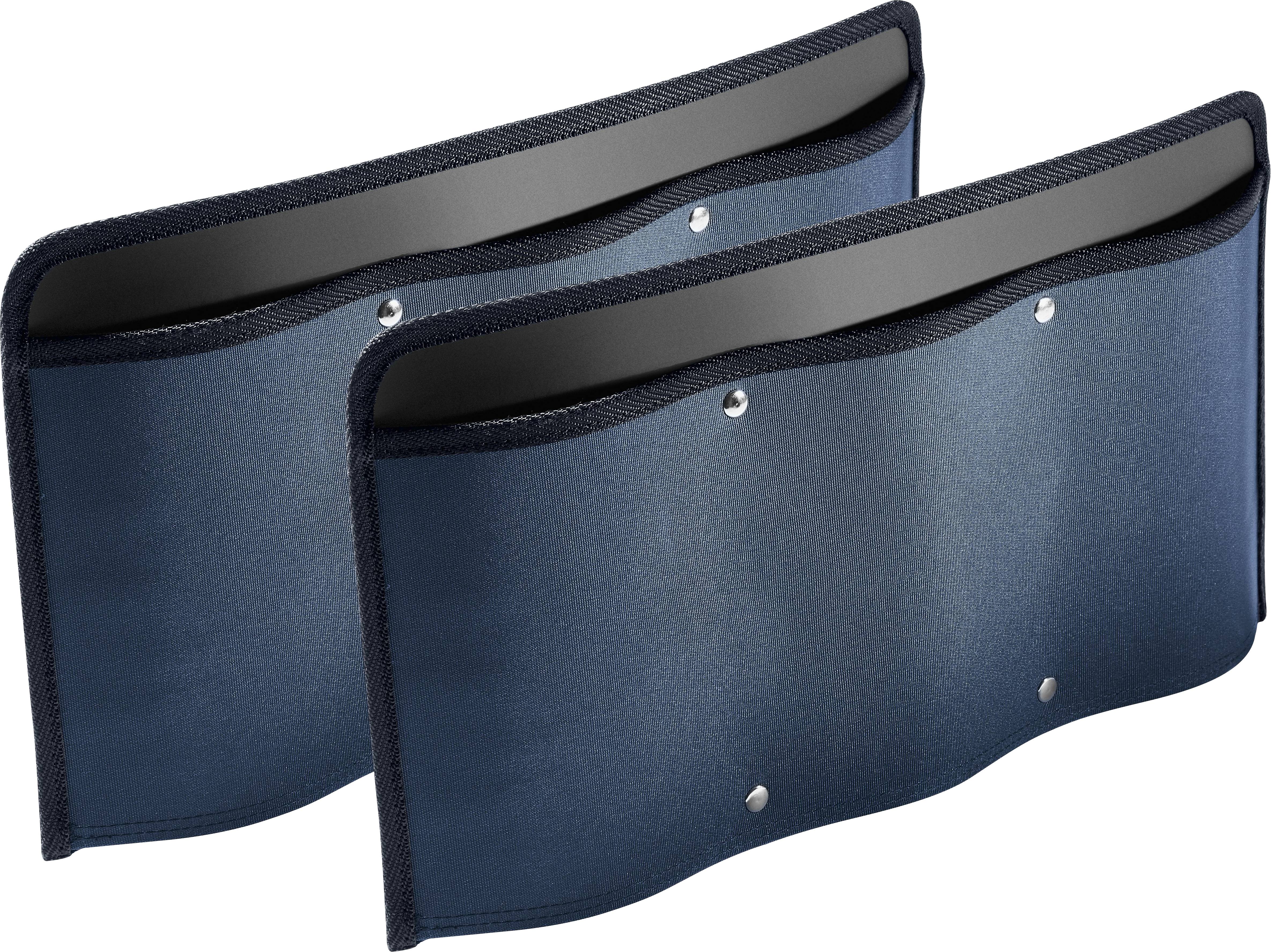 Two navy blue wall-mounted file holders, each with a sleek, curved design and metal rivets, used for organizing documents.