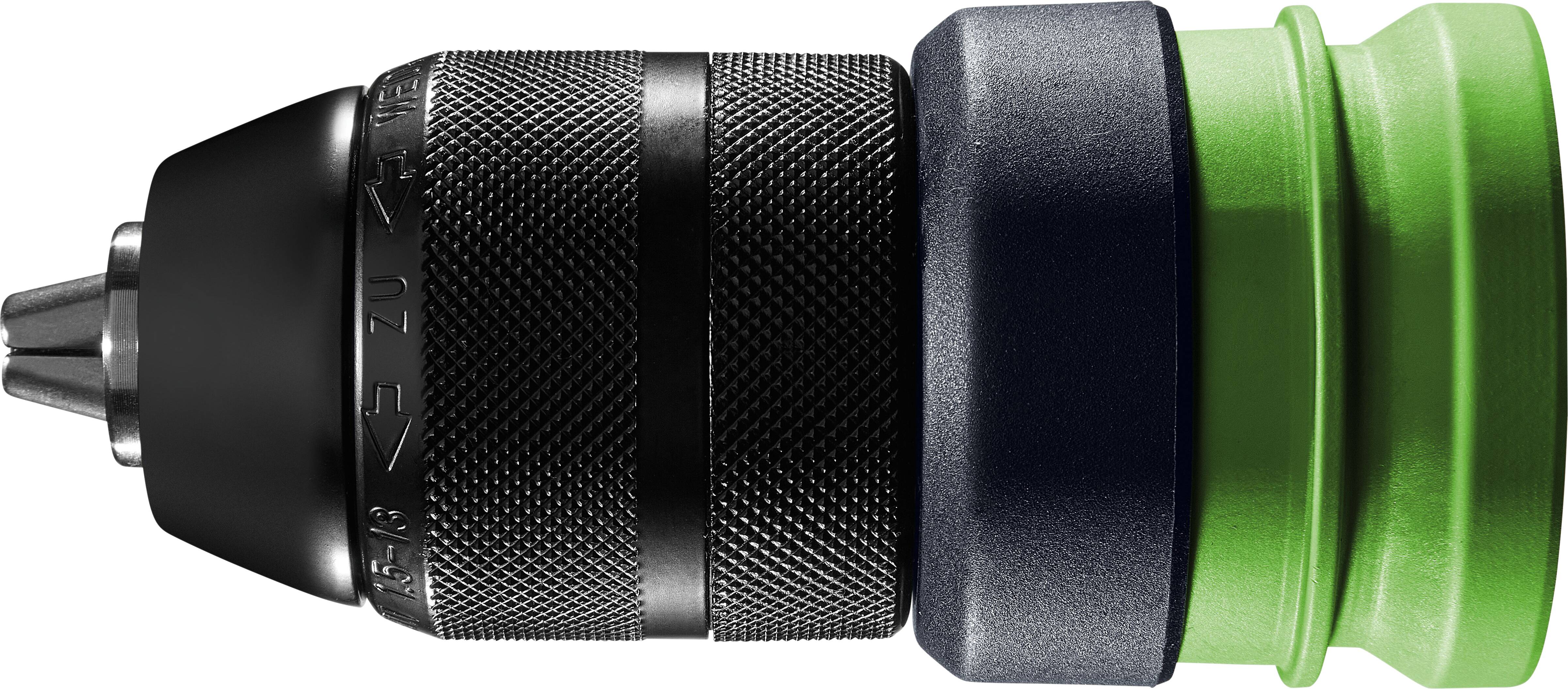 A close-up of a black and green drill chuck with a textured grip and adjustable metal jaws, highlighting its durable construction and design.
