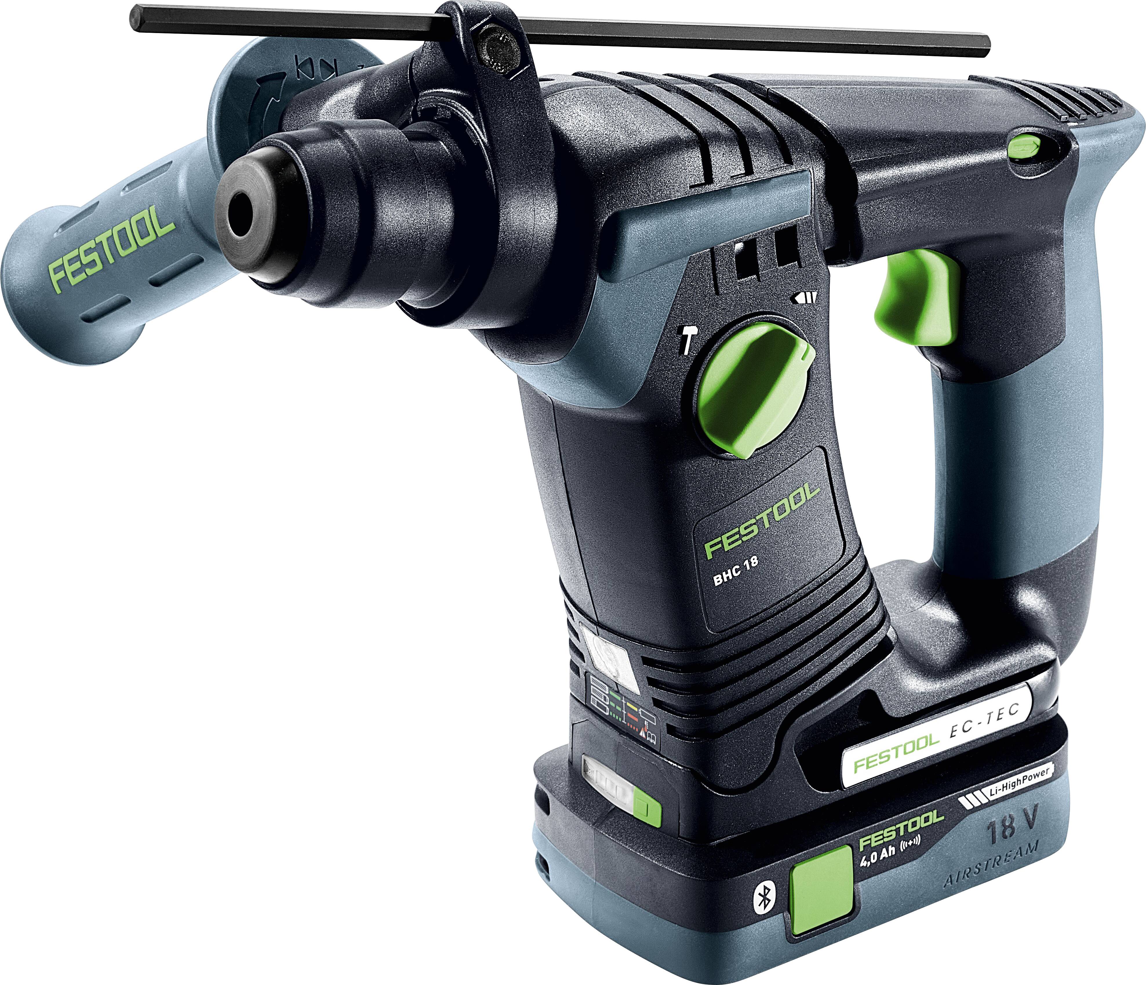 A blue and black Festool cordless drill with ergonomic handle and a 18V battery, highlighting its power and design features.
