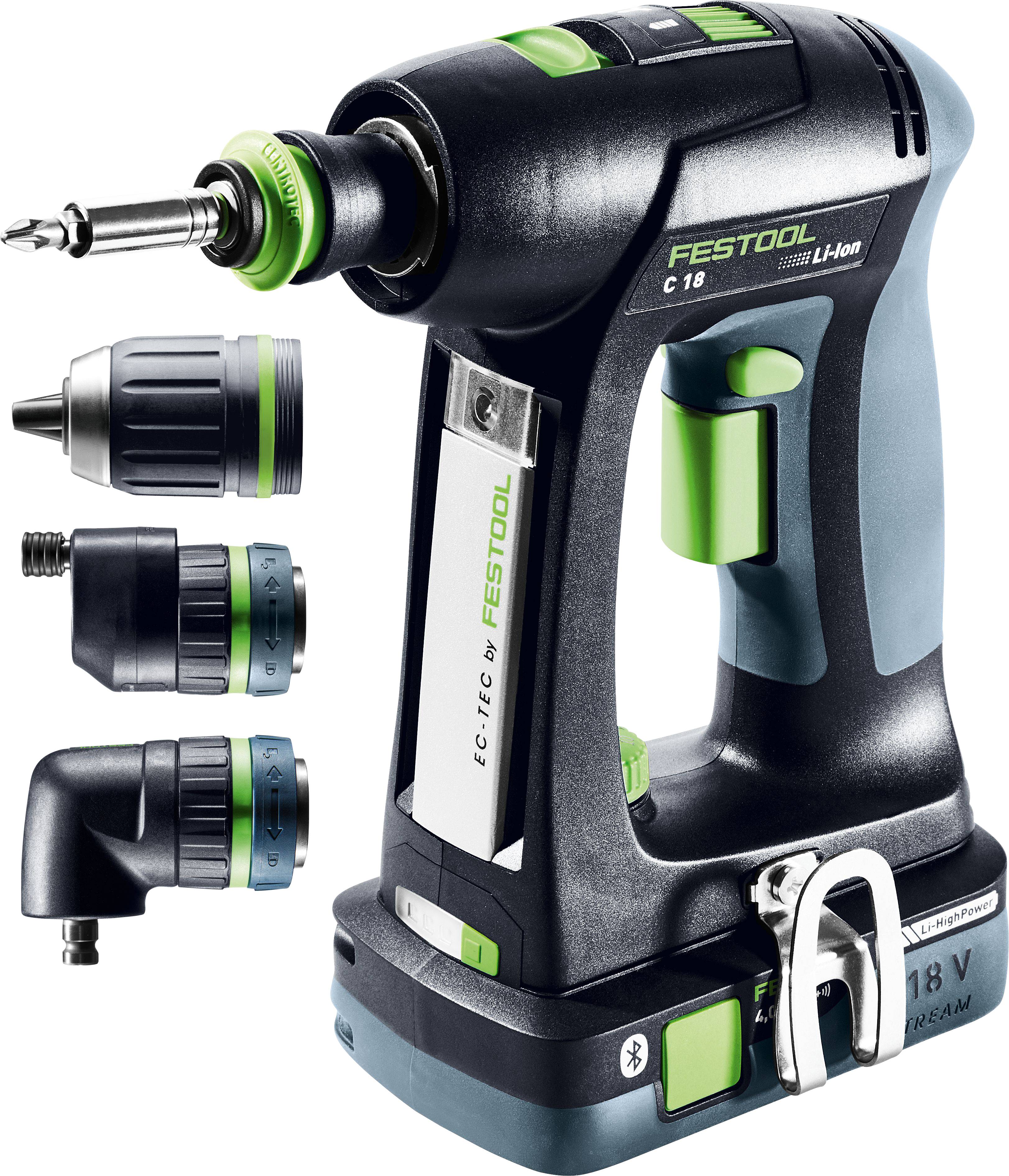 Festool C 18 cordless drill with Li-ion battery, featuring interchangeable chucks for various applications, shown with three attachments.