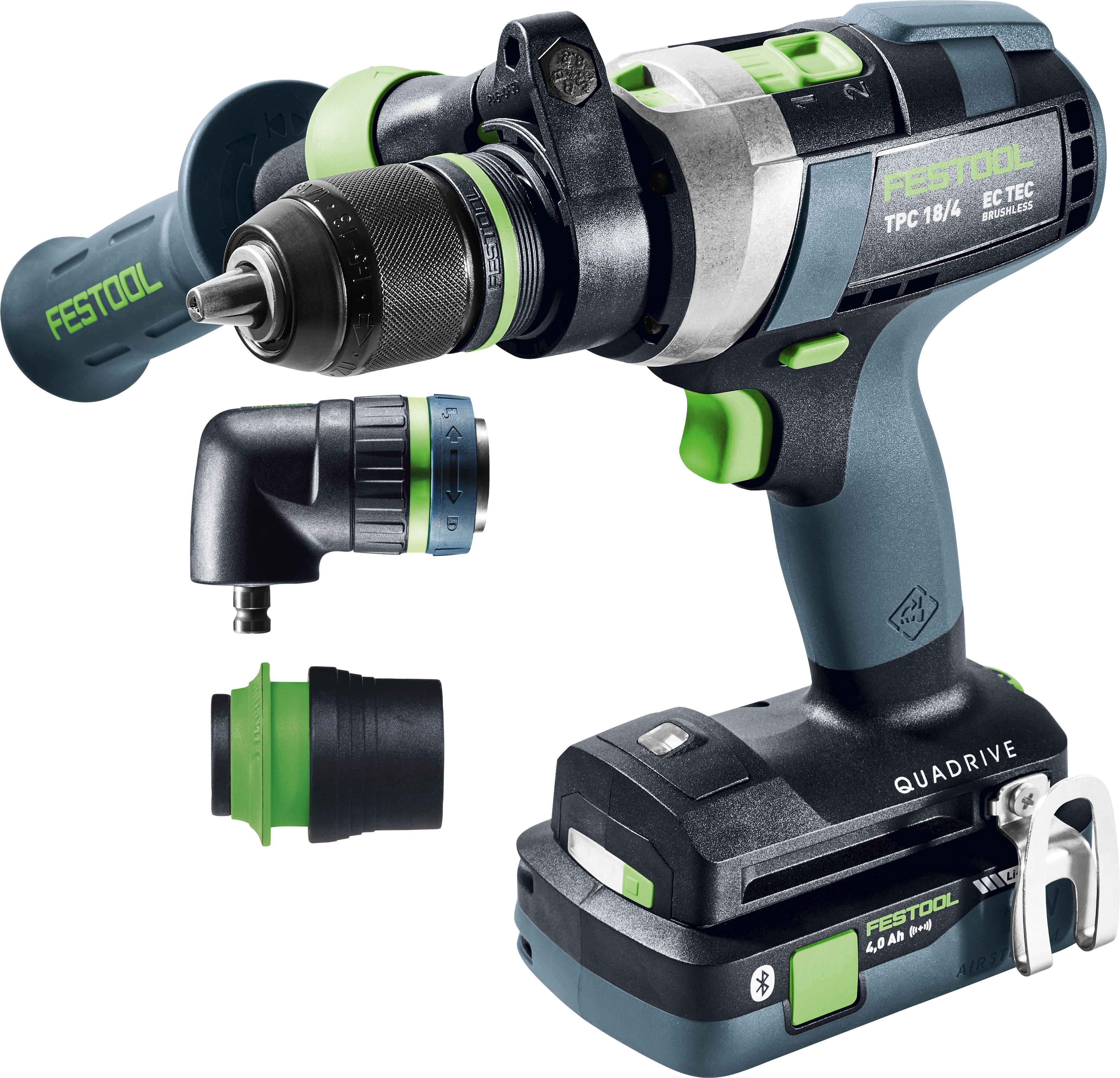 'Festool QUADRIVE TPC 18/4 impact drill' shown with three interchangeable attachments, highlighting its versatility and ergonomic design.
