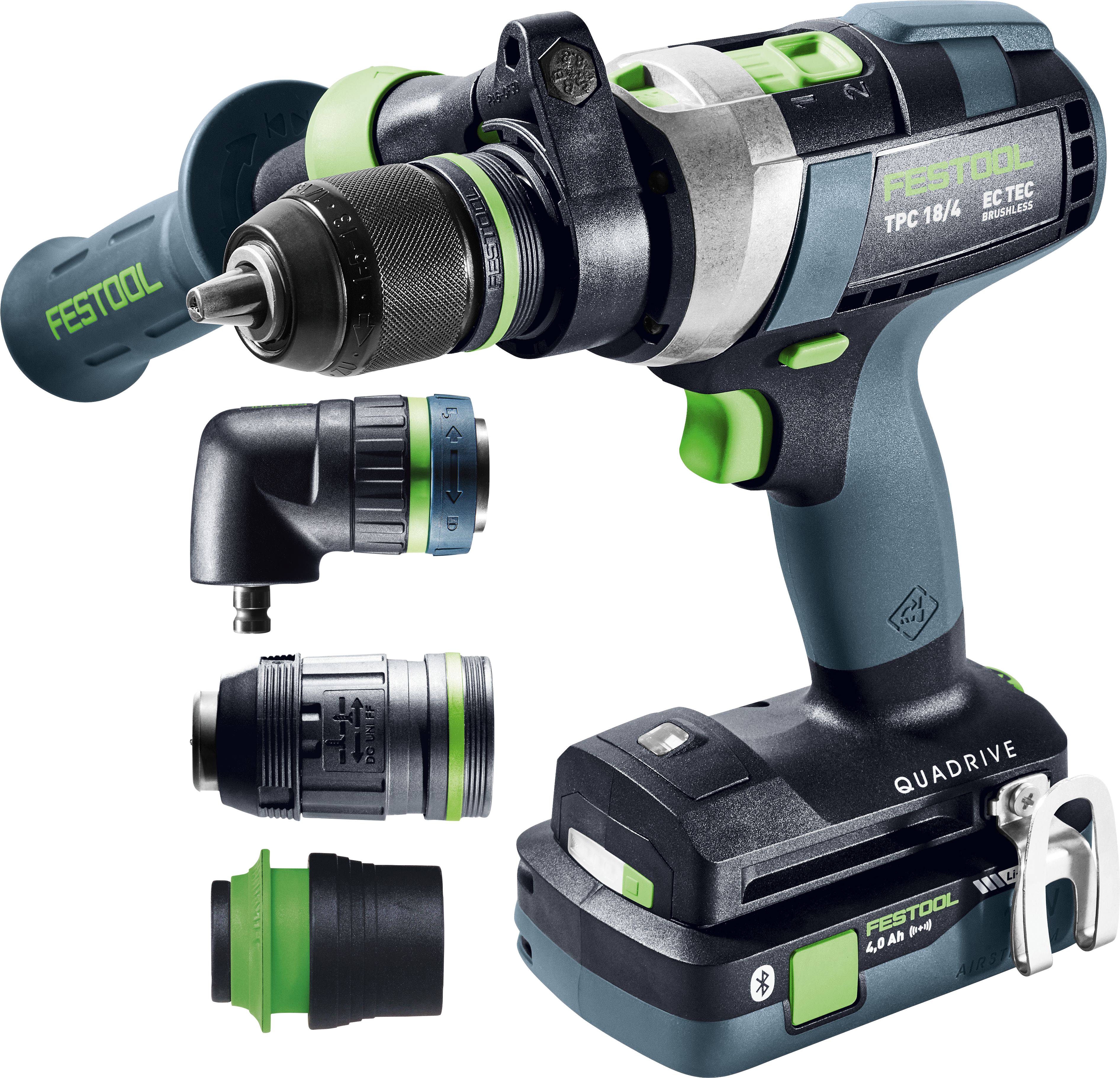 Cordless drill set with multiple attachments, ergonomic handle, and Festool branding, showcasing versatility for various tasks.