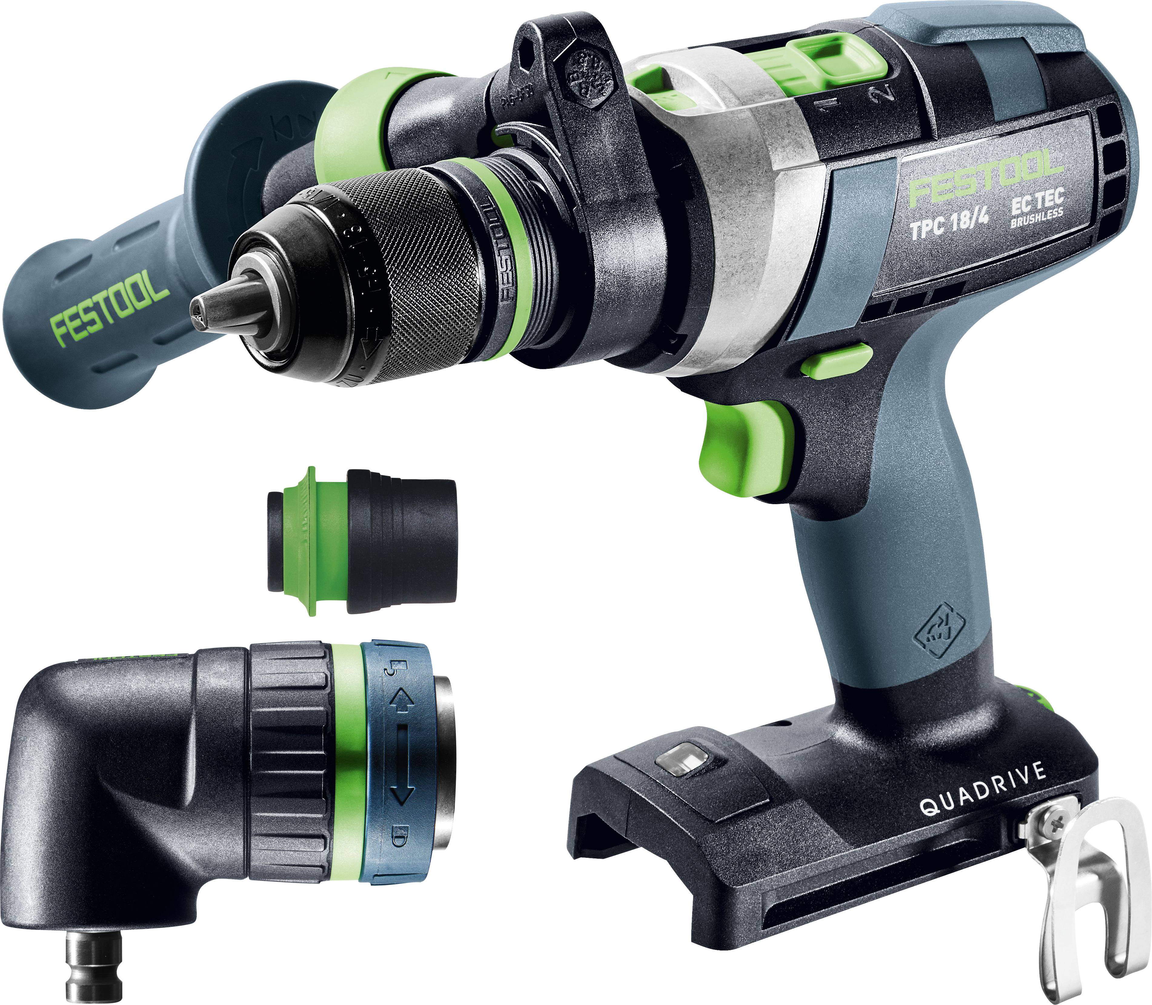 'Festool TPC 18/4 Quad-Drive' drill with ergonomic grip, keyless chuck, and interchangeable attachments for various drilling tasks.