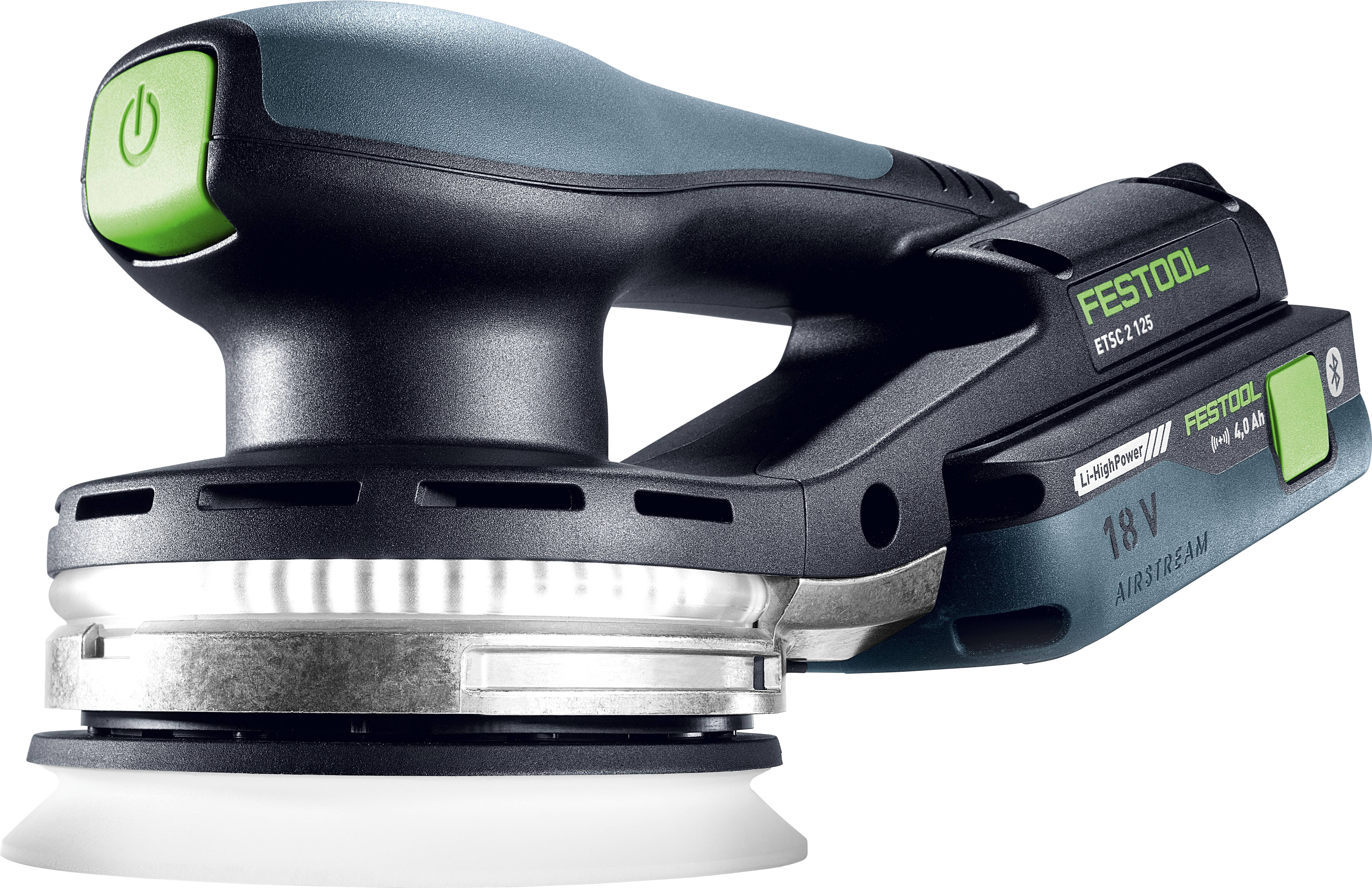 An electric orbital sander with a green power button, labeled 'Festool' and '18V', designed for smoothing surfaces efficiently.