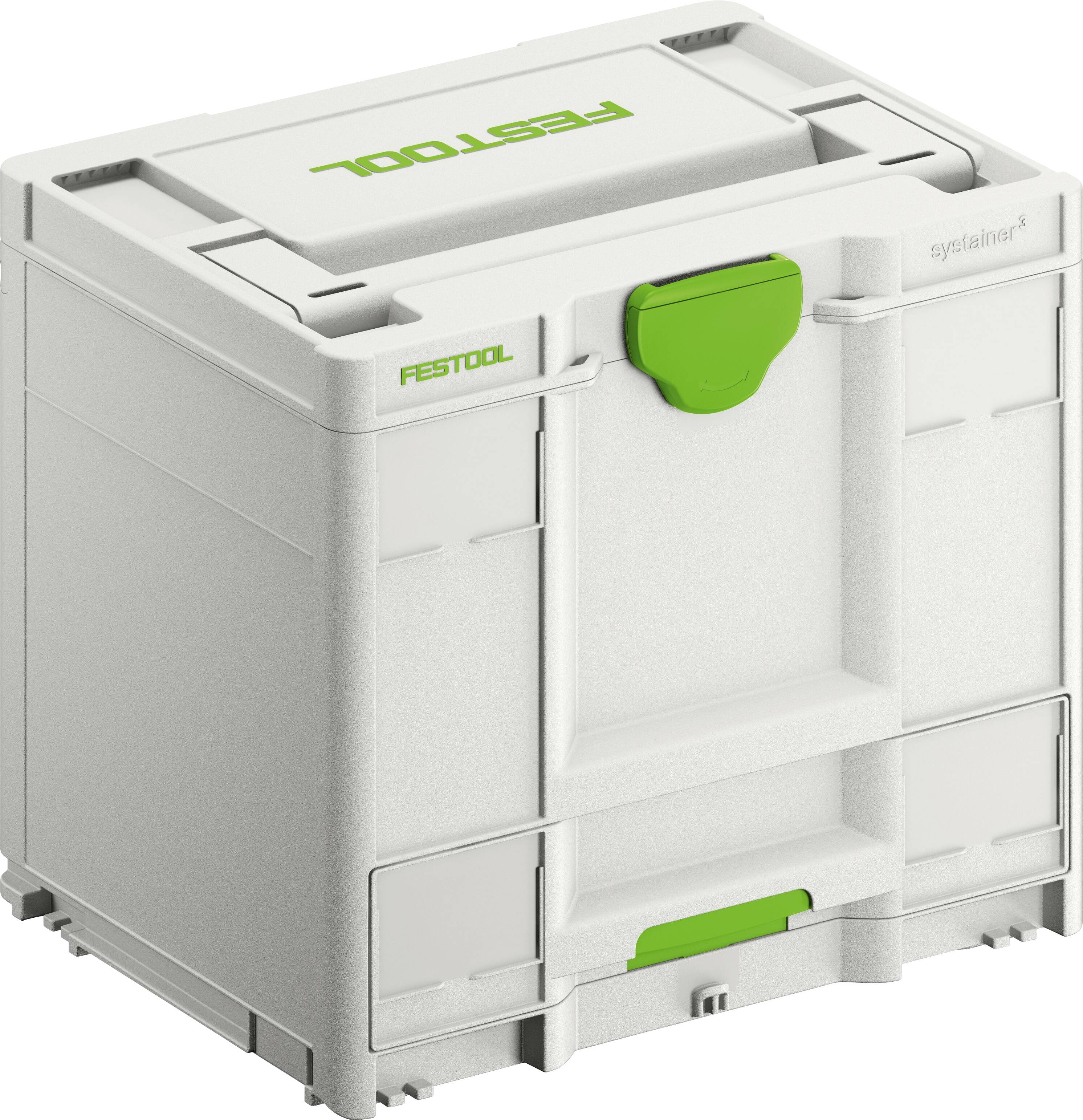 A white Festool toolbox with green accents, featuring 'Systainer' branding. It has a handle, clips, and compartments for organized storage.