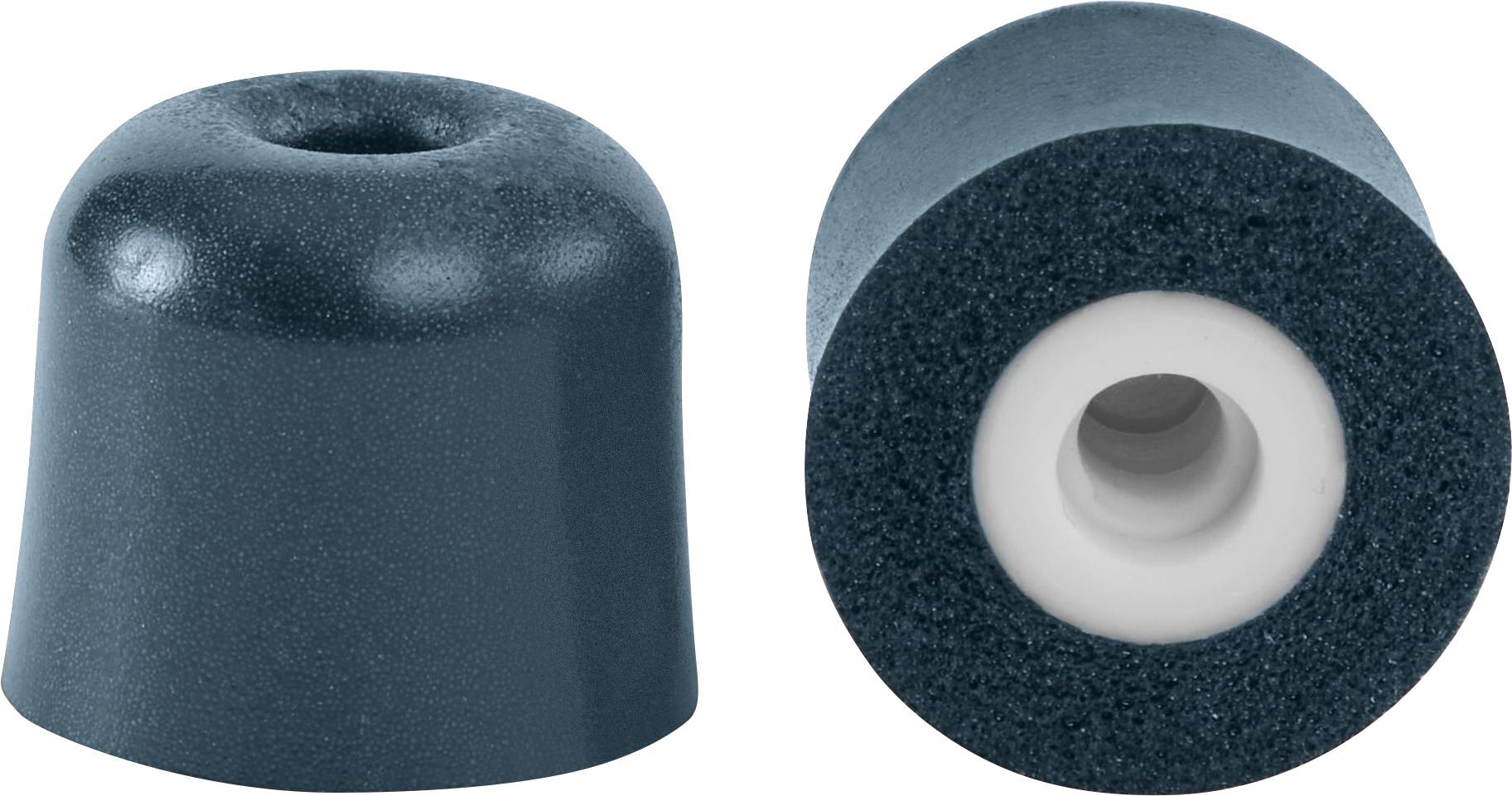Two black earbud tips: one angled front view showing the rounded top, and another side view revealing the hollow center.