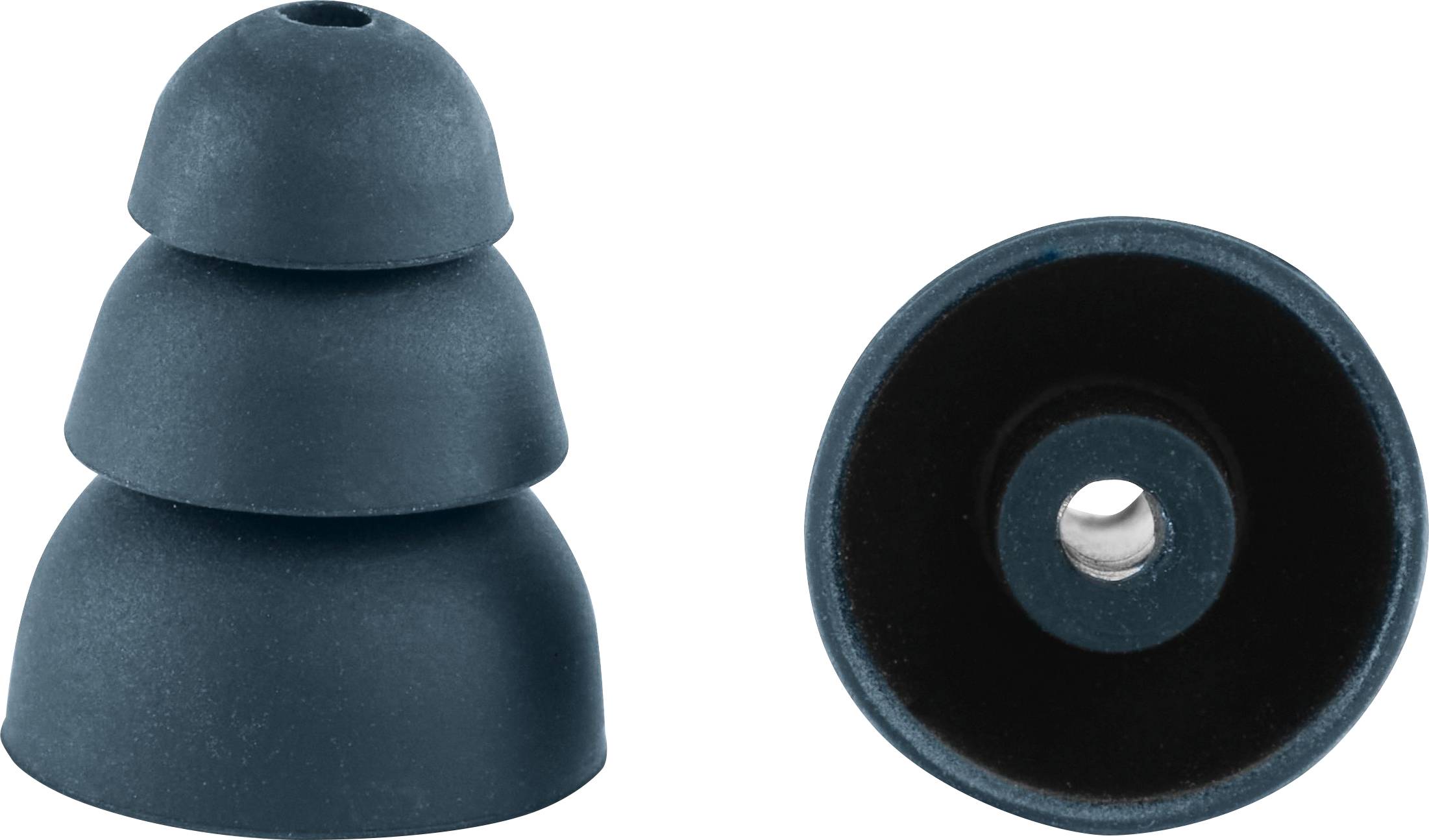 Stacked silicone earbud tips, side and top view, showcasing different sizes for customizable fit.
