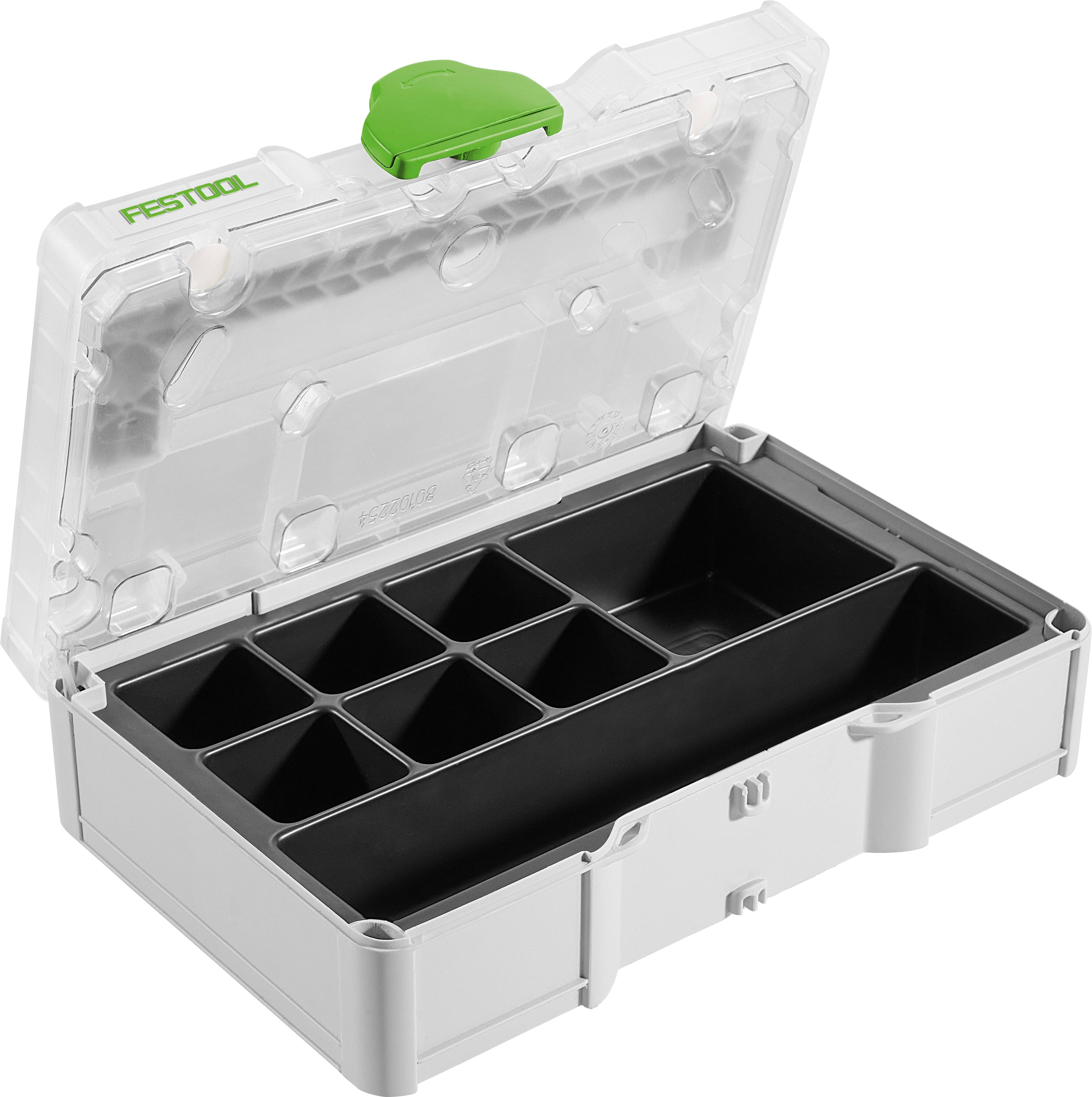 A gray storage box with a clear lid and a green latch, containing removable black compartments for organizing small items or tools.