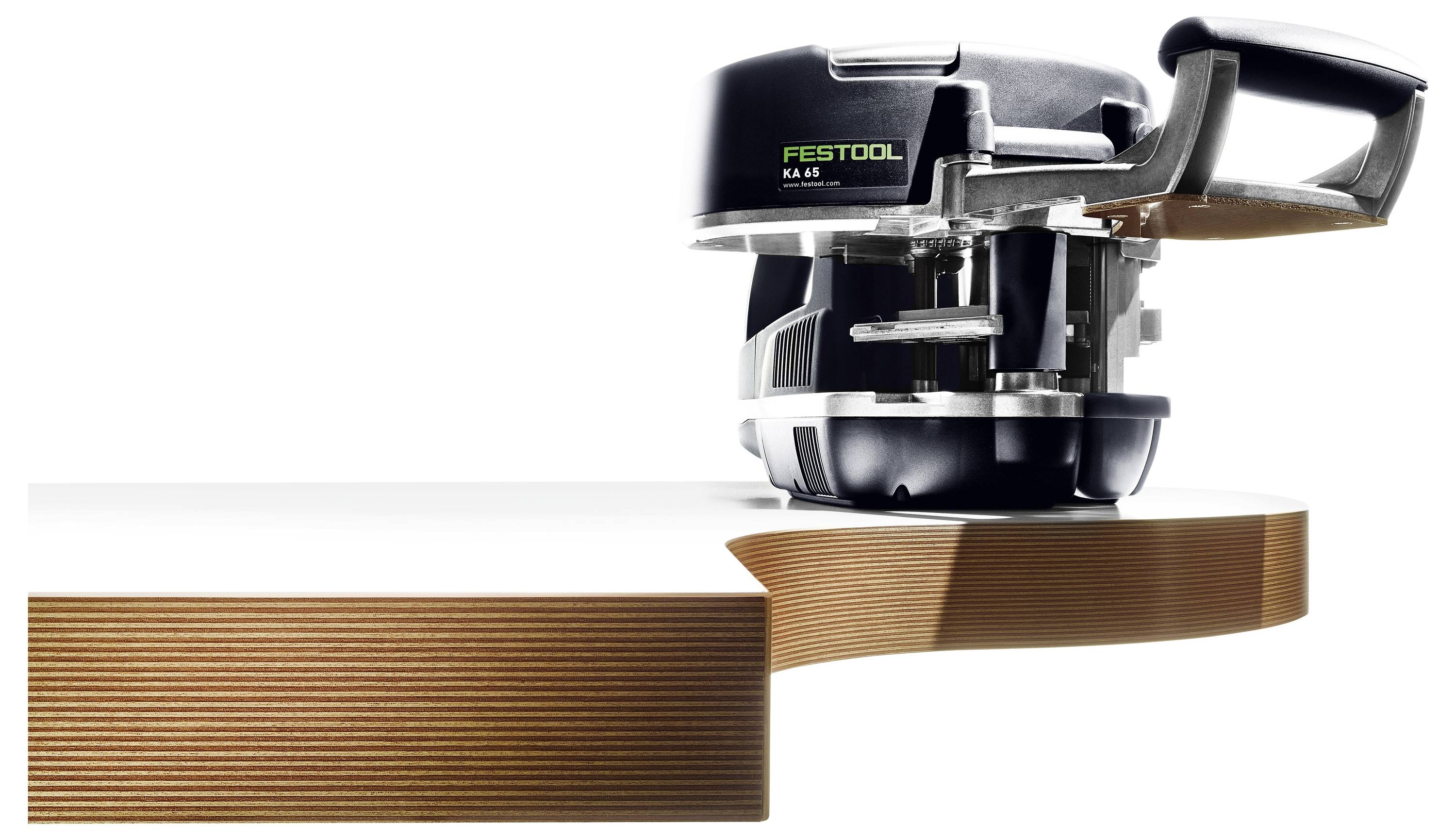 A hand-held Festool KA 65 Conturo edge bander is shown in action, detailing its ergonomic design and precision on a wooden edge.