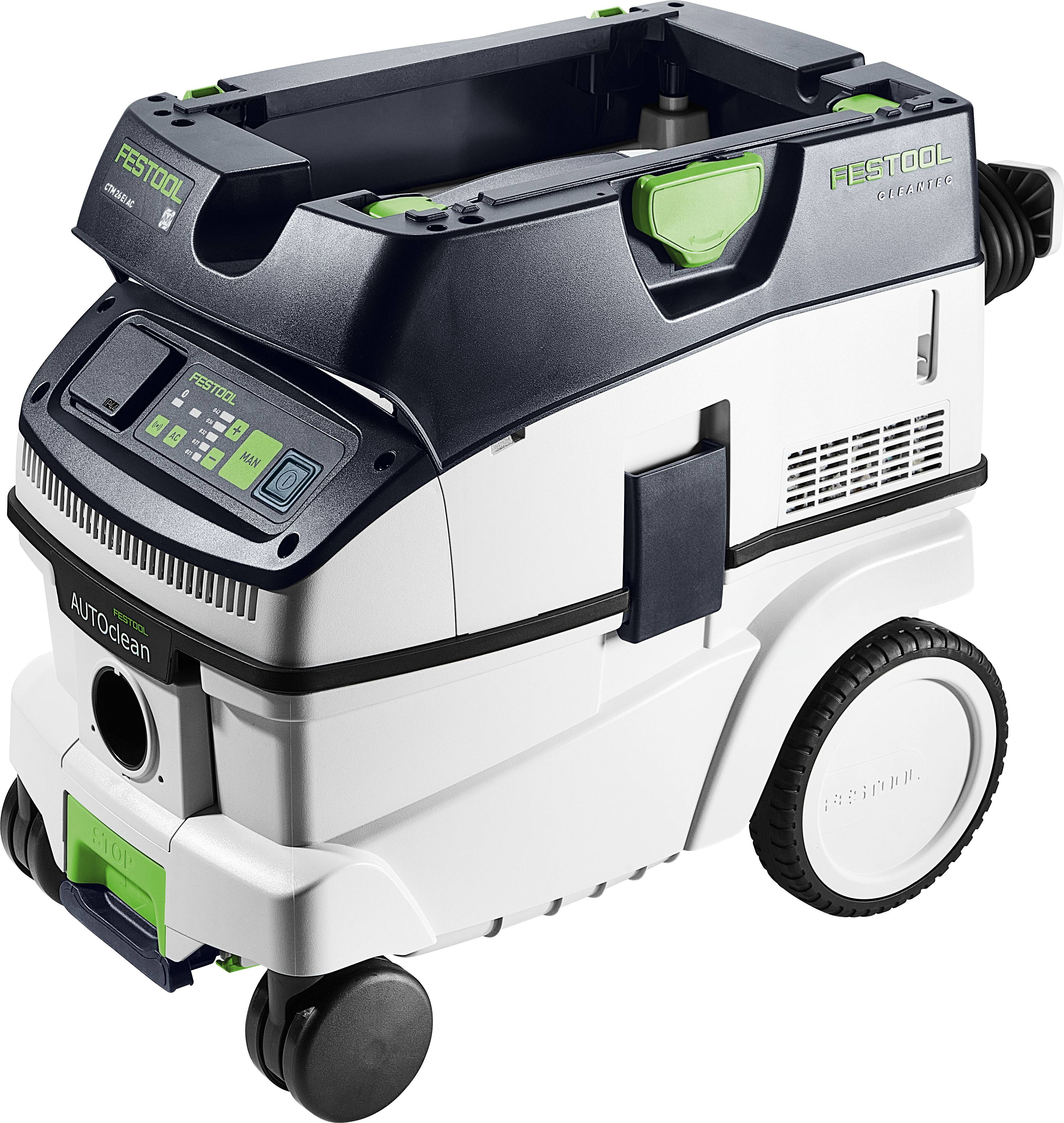 'Festool CTL MIDI I' portable dust extractor, featuring a compact design with a digital control panel, wheels, and green accents for mobility.