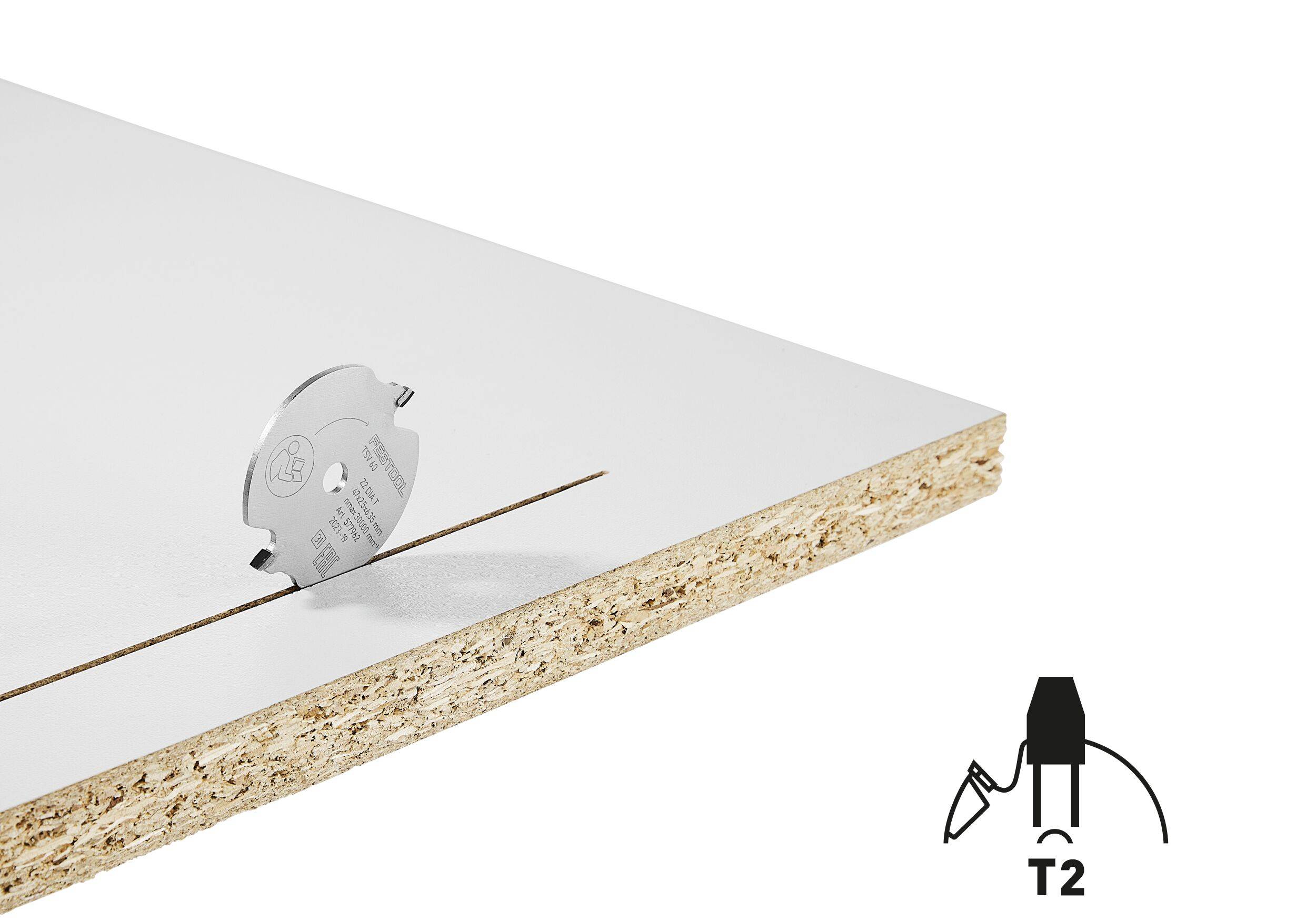 Sawmill blade cutting through particle board with an illustration indicating a T2 profile blade.
