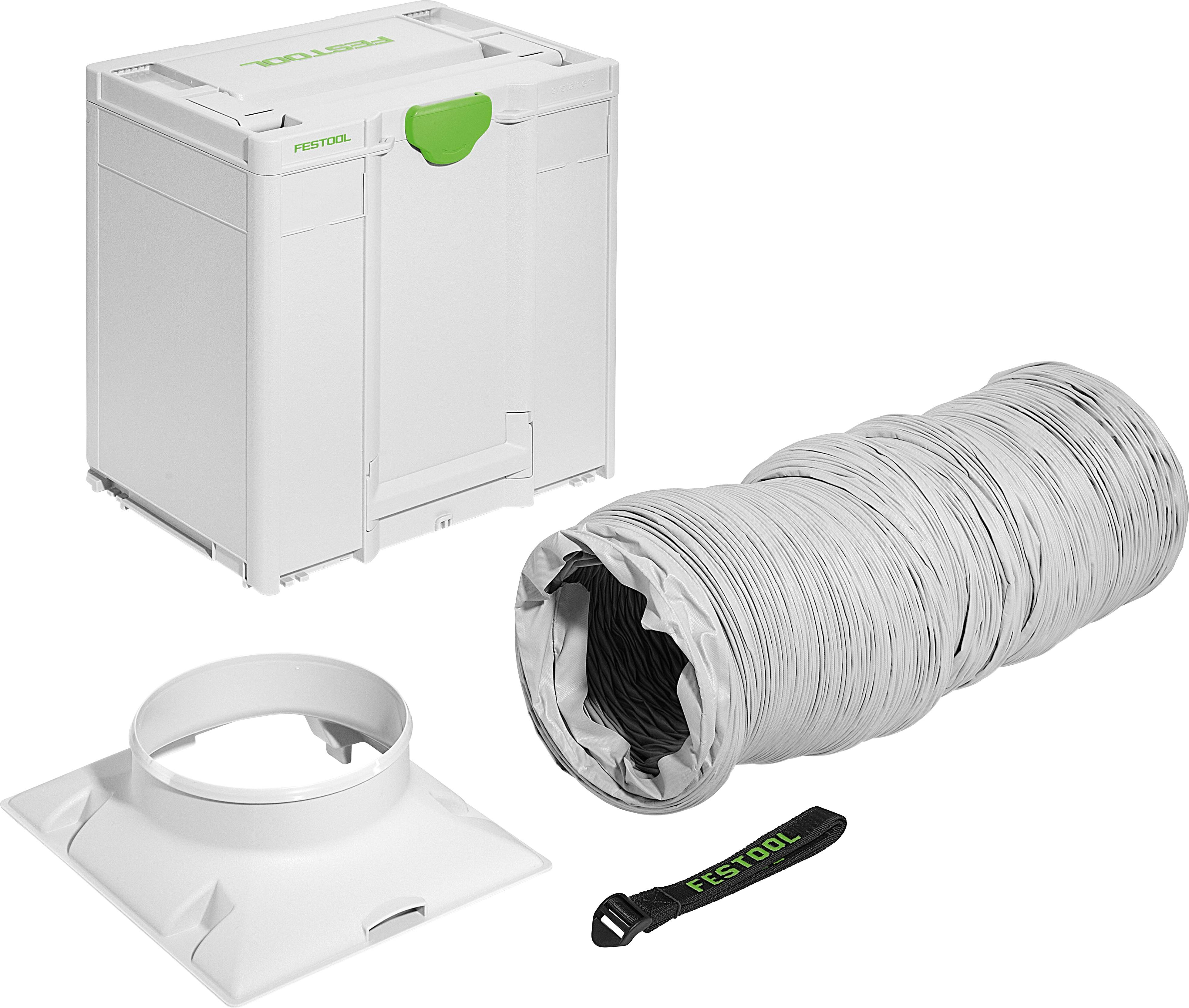 Portable extractor integration kit, featuring a white hose, Systainer case, adapter plate, and strap for efficient dust collection.