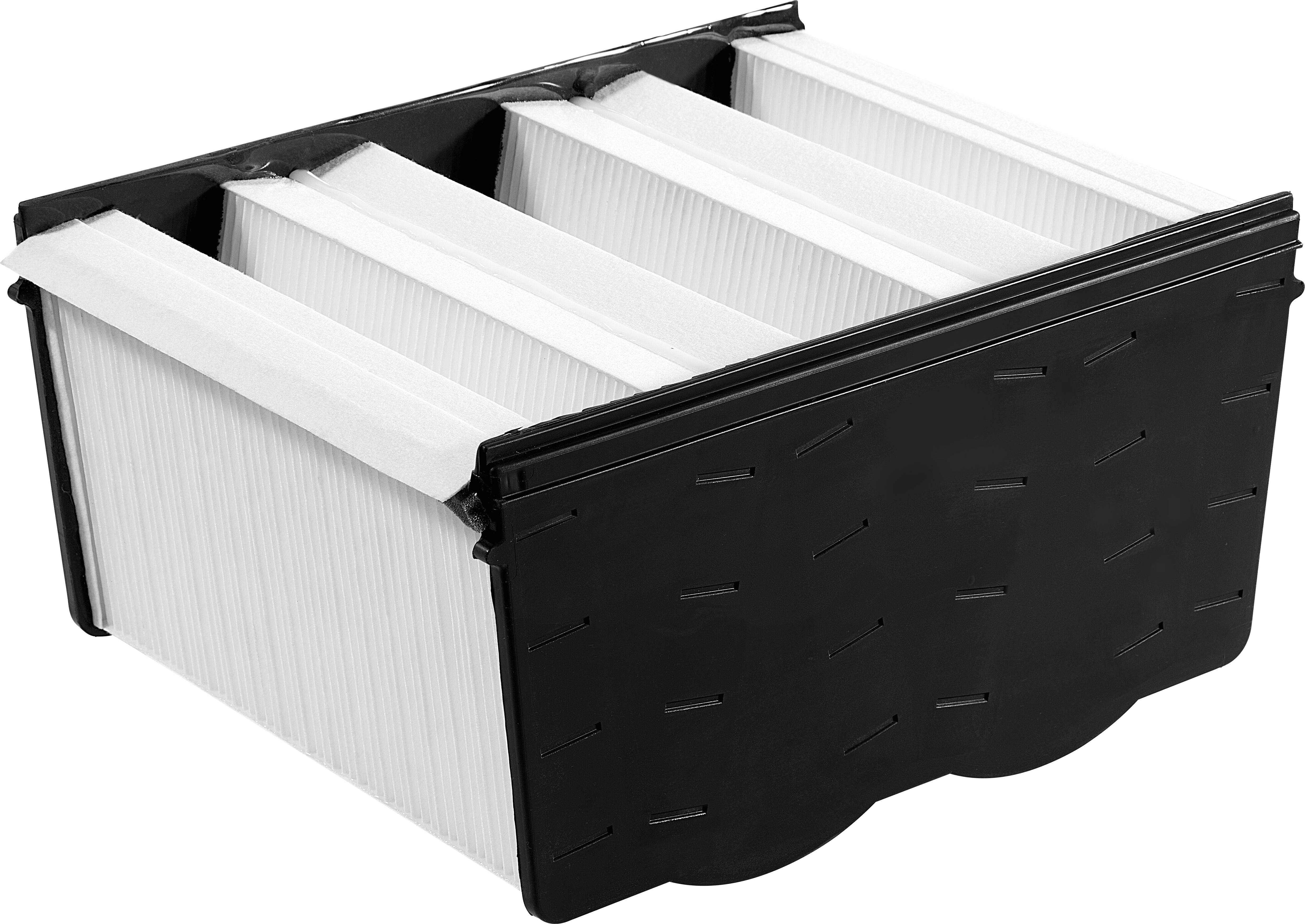 Industrial air filter cartridge with four pleated filter panels in a black rectangular frame, used for improving air quality.