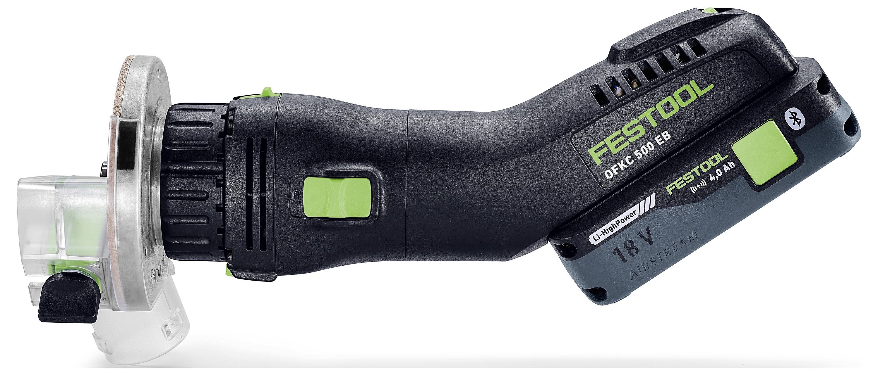 A black and green Festool cordless saw with a transparent blade guard, showing a Festool logo and 18V battery, oriented sideways.