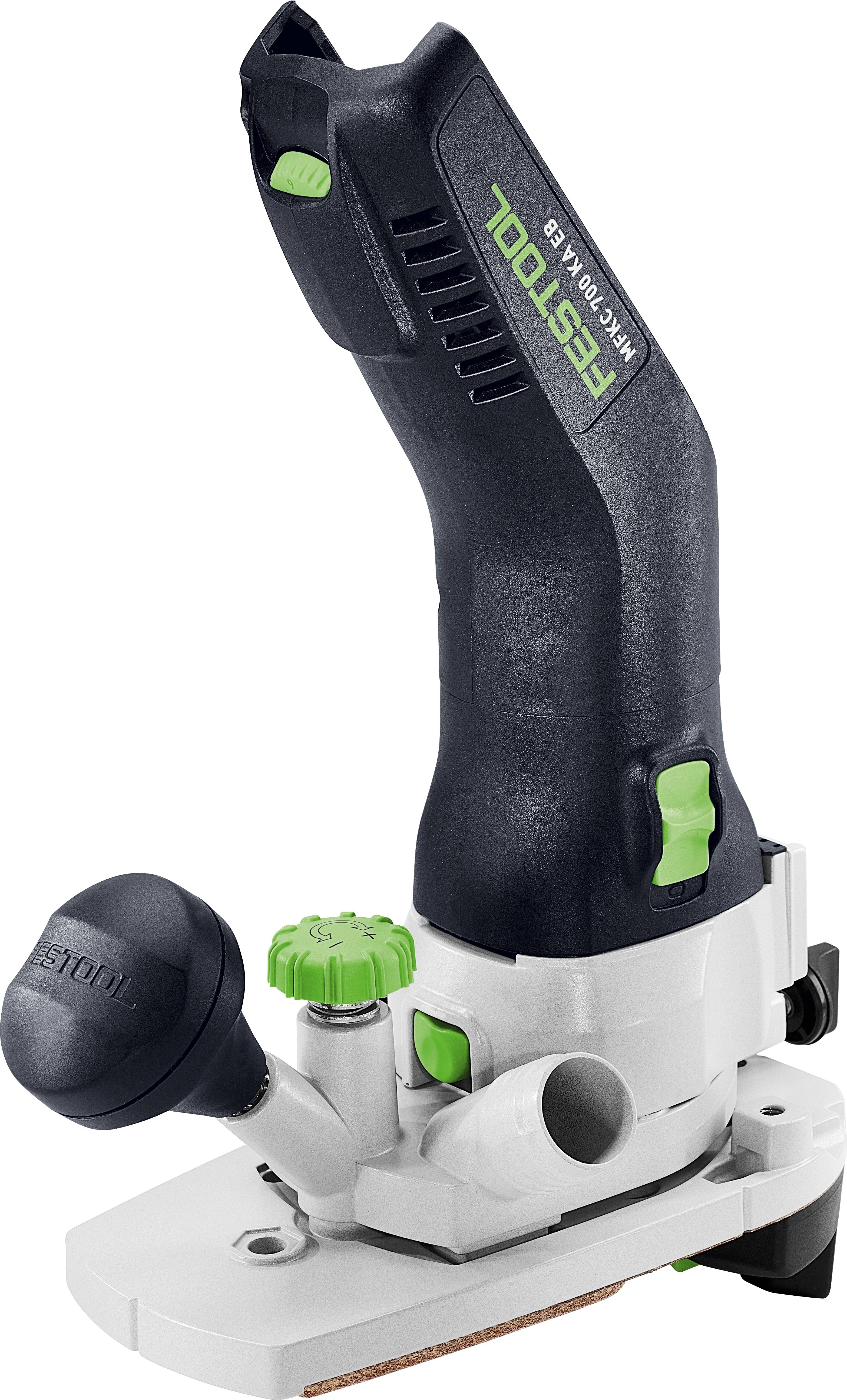 A cordless laminate trimmer with a black and green handle displaying the brand name.