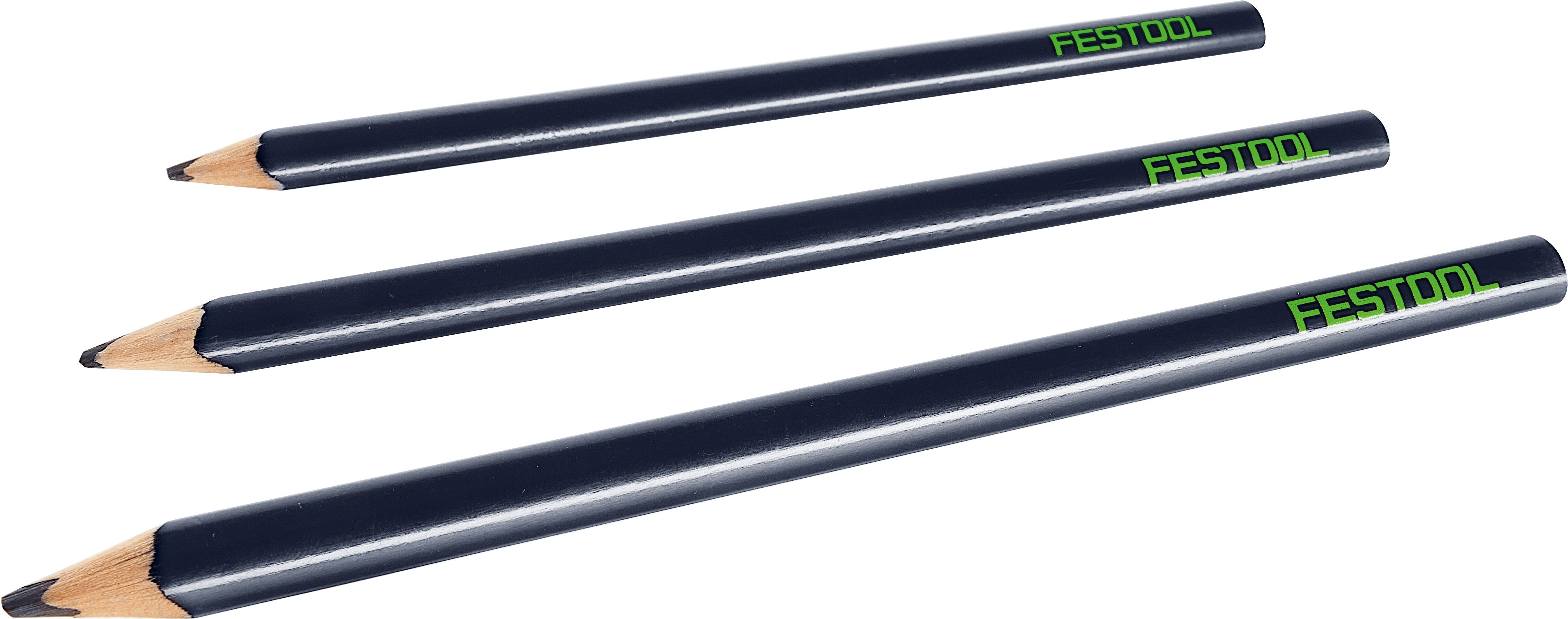 Three black pencils with green 'Festool' branding, varying in size, arranged in descending order.