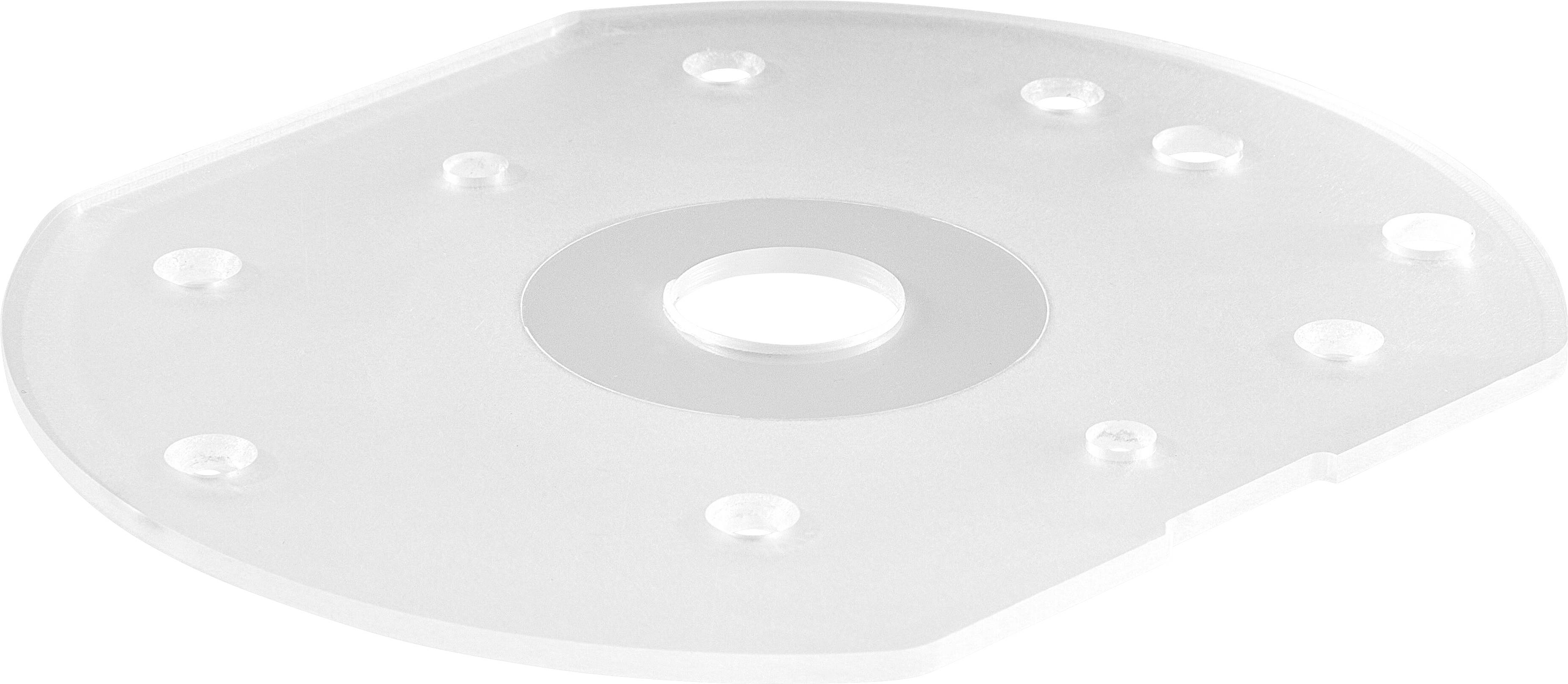 A transparent CD holder with a circular cutout in the center and small raised dots around the circumference, used for storing CDs securely.