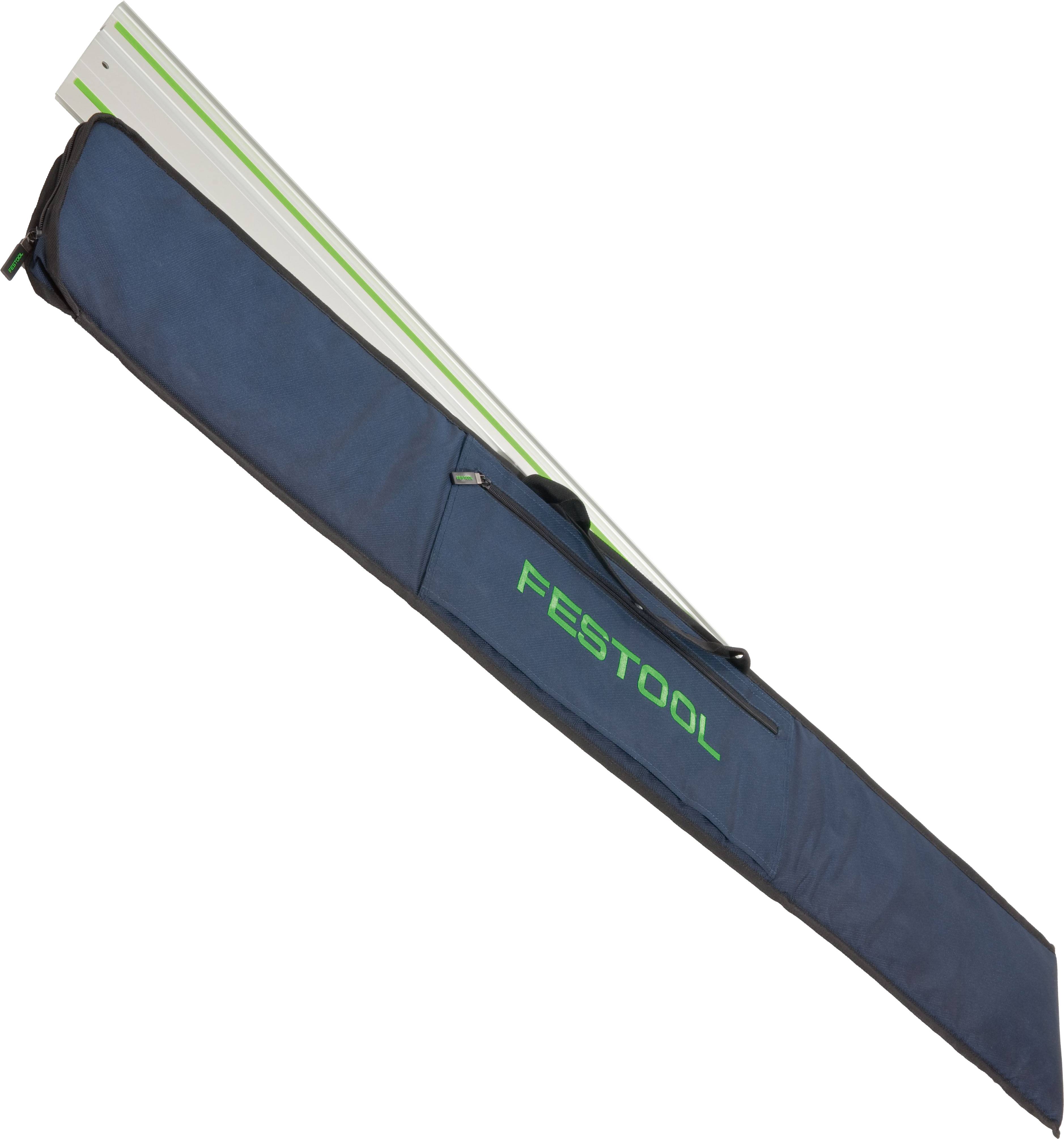 A dark gray Festool bag with 'FESTOOL' in green text, containing a white and green guide rail, used for storing and transporting tools.