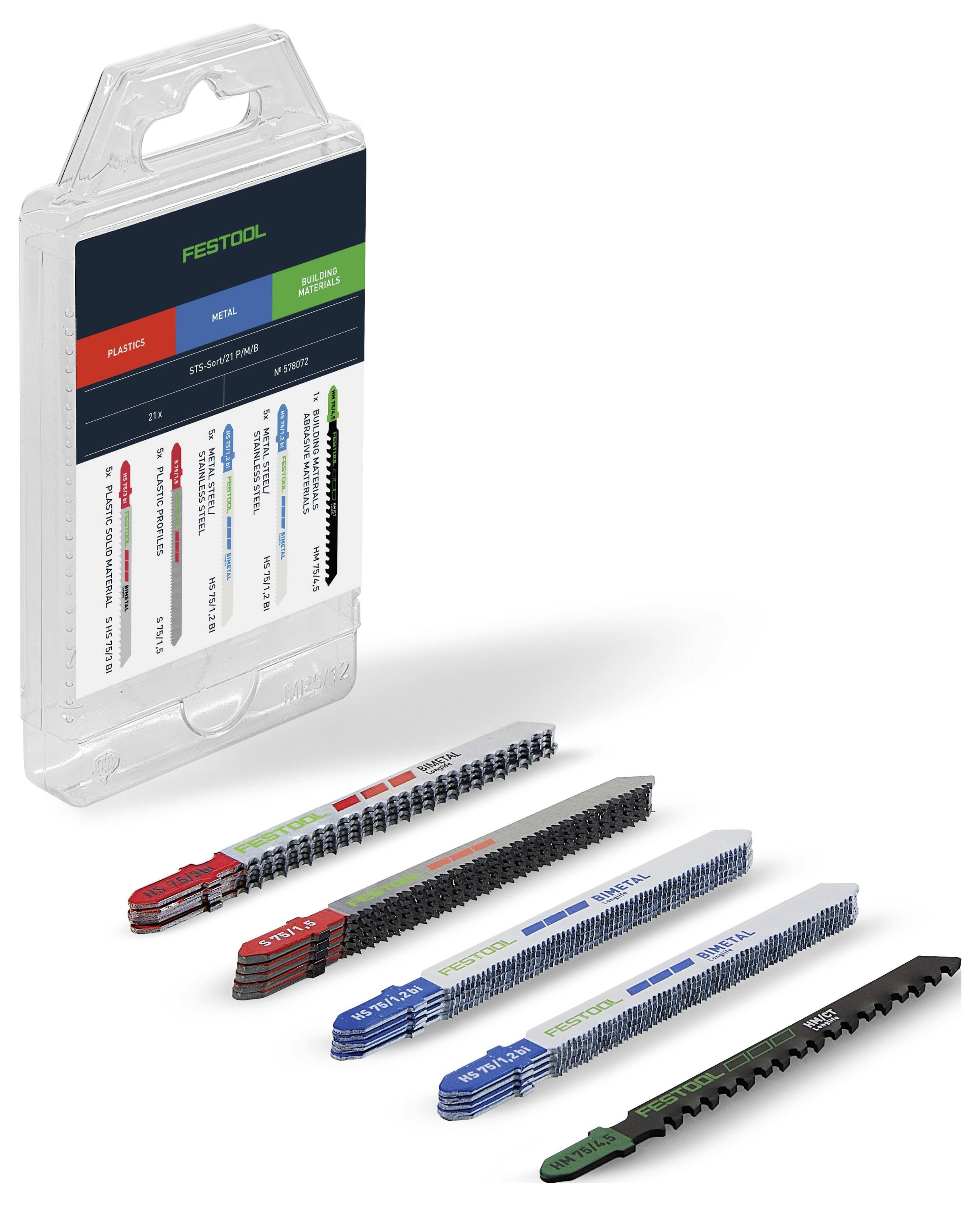 A set of assorted jigsaw blades with color-coded shanks for cutting wood, metal, and plastic. Packaging includes usage details.