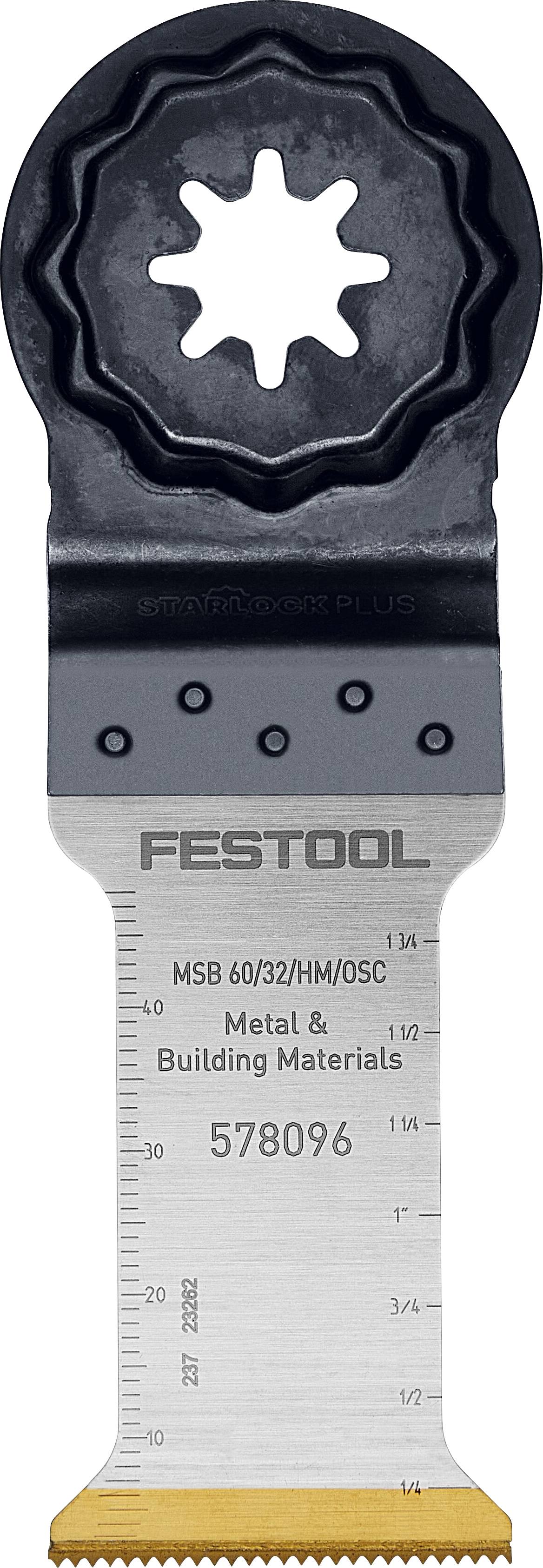 Saw blade labeled Festool, MSB 60/32/HM/OSC, Metal & Building Materials, 578096; features measurement markings and star-shaped mounting.