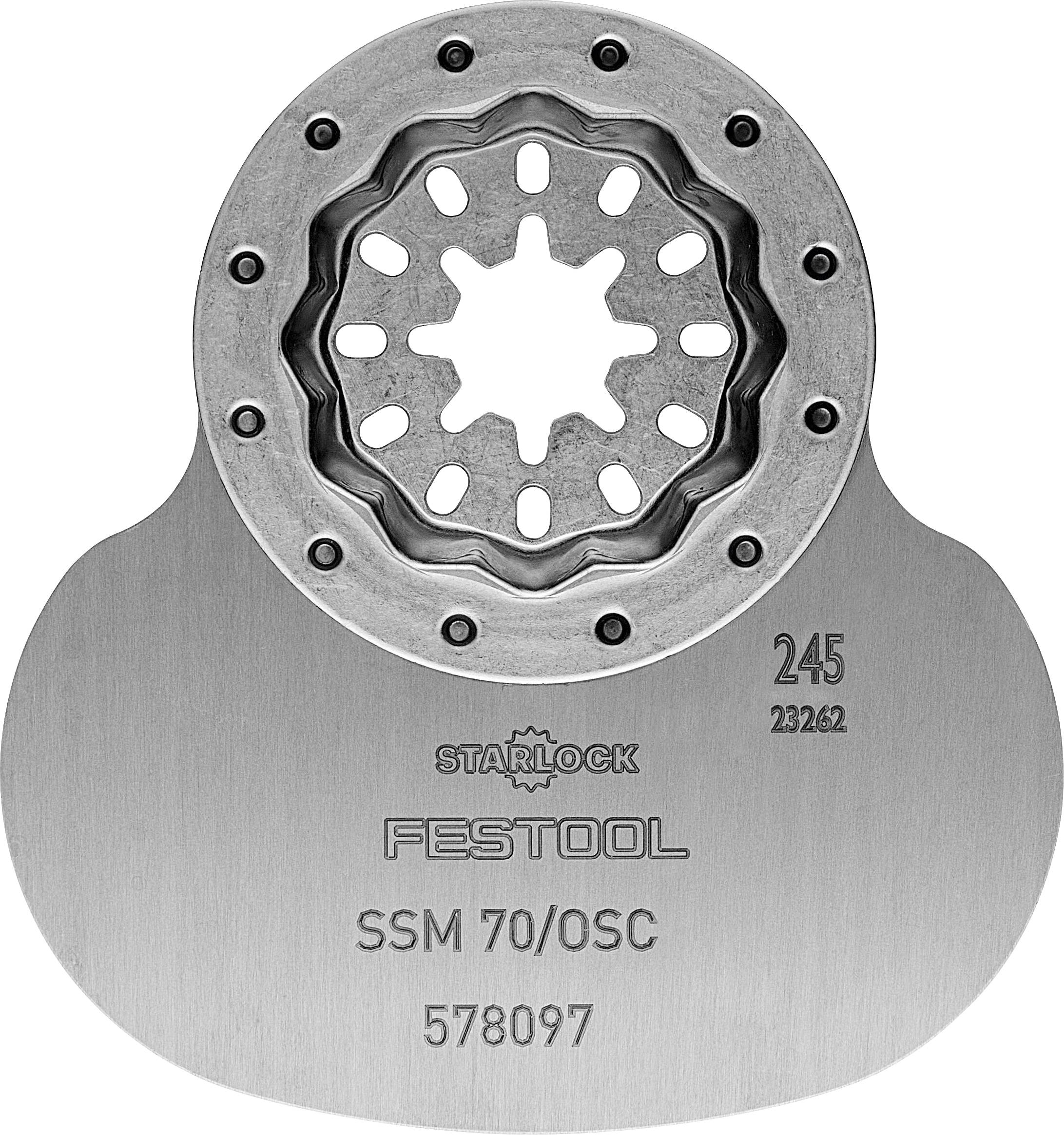 Oscillating tool blade with Starlock mounting system, labeled Festool SSM 70/OSC, model number 578097, for cutting wood and metal.