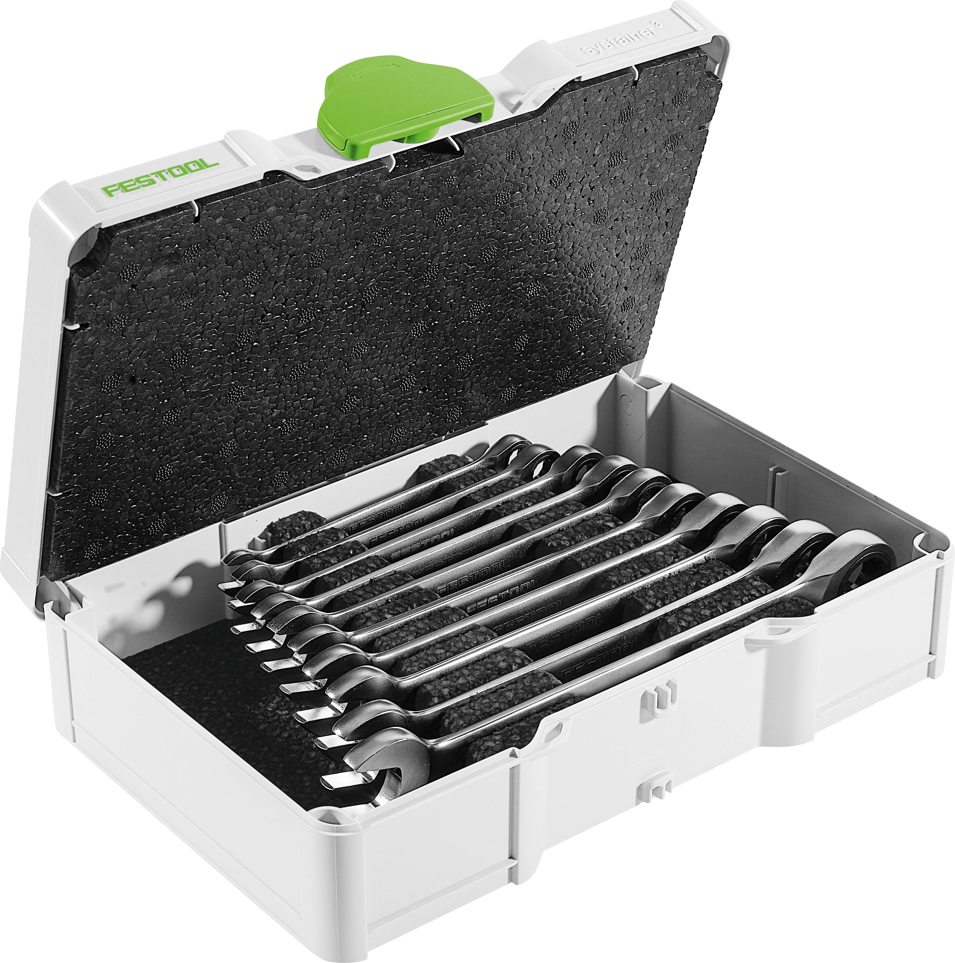 Open white toolbox with a green handle, containing a set of wrenches organized neatly inside.
