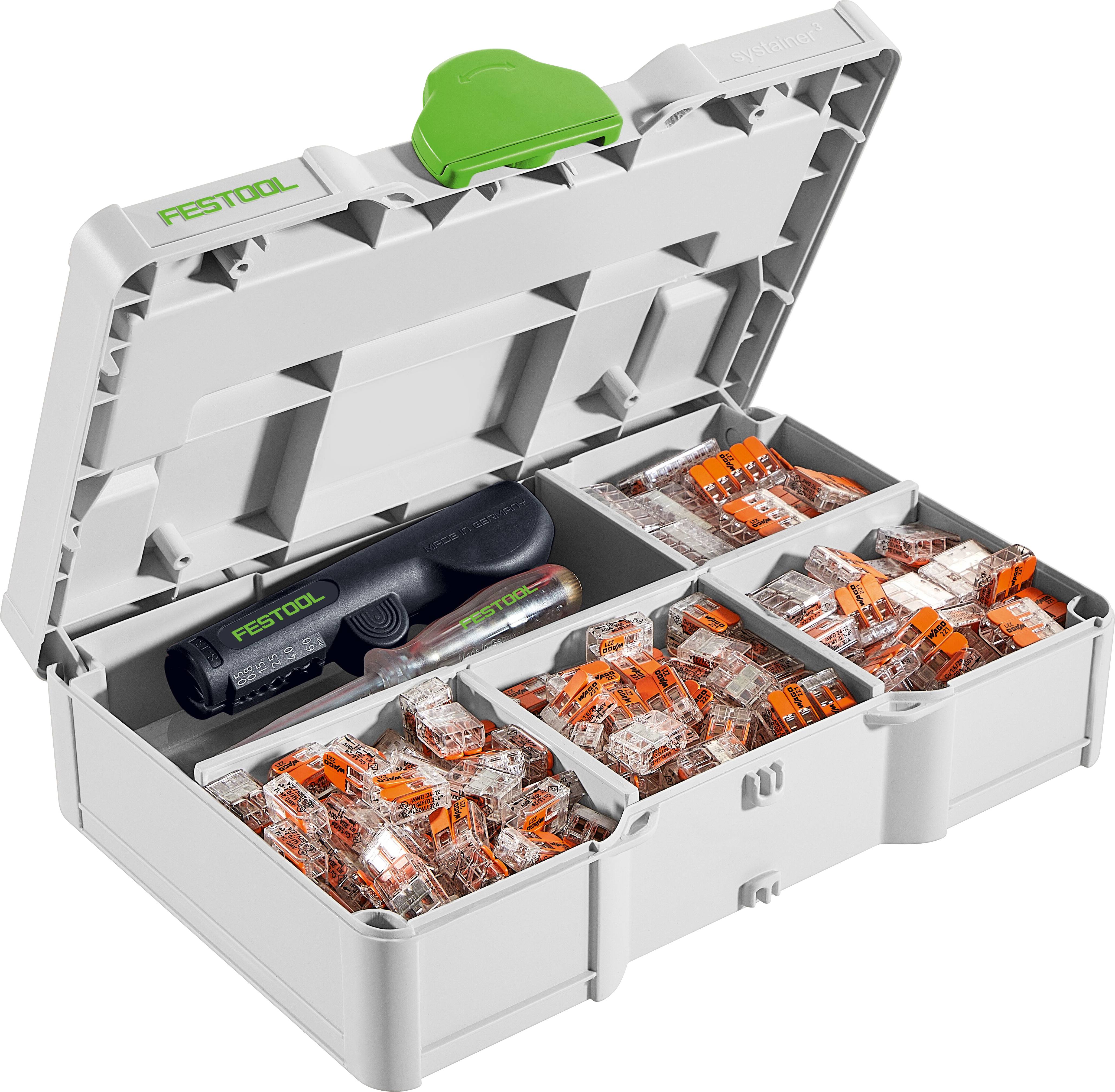 'Festool' kit box open, containing multiple compartments filled with connectors. A tool and a marker are also inside the box.
