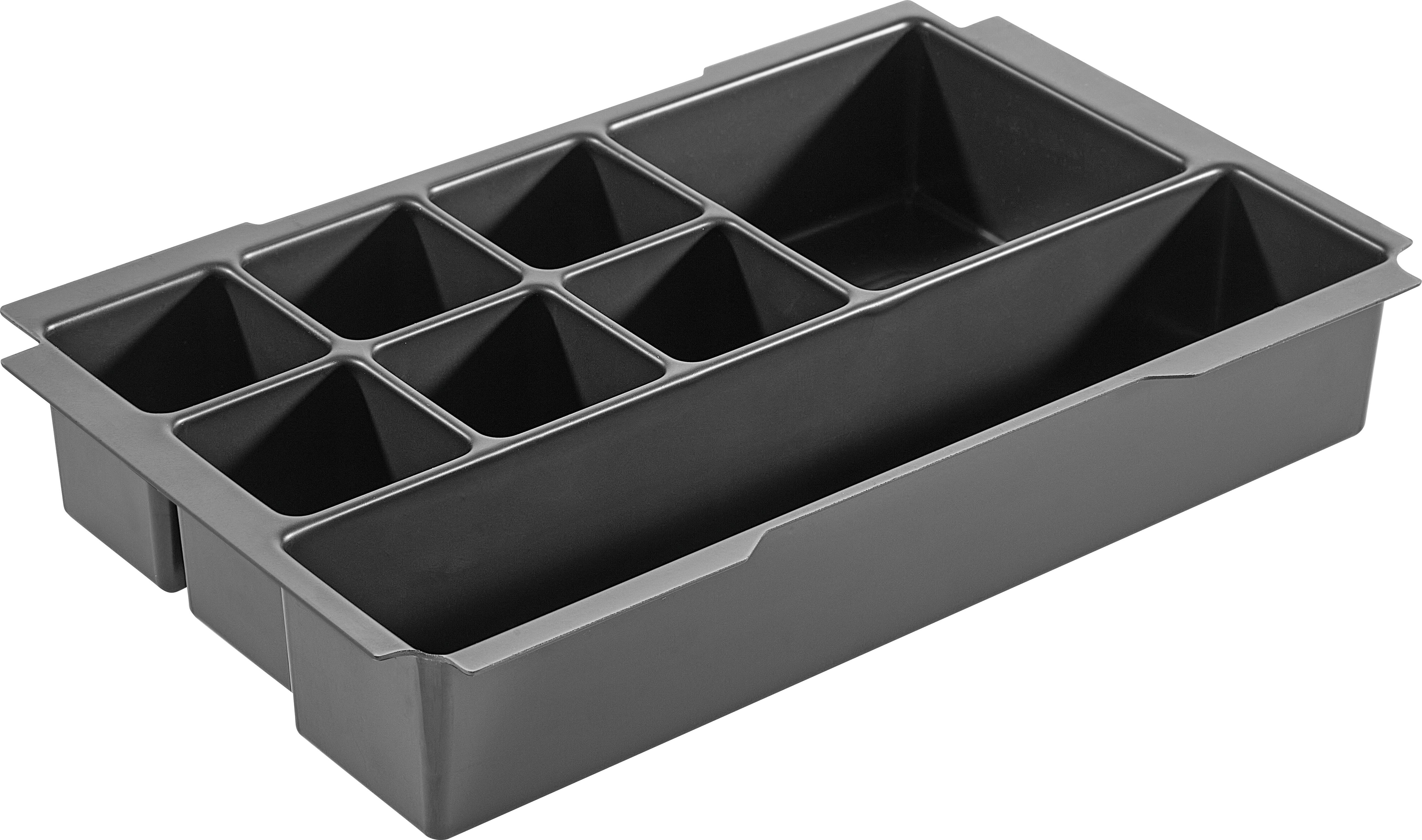 A black modular drawer organizer with various sized compartments, designed for arranging office supplies or kitchen utensils.