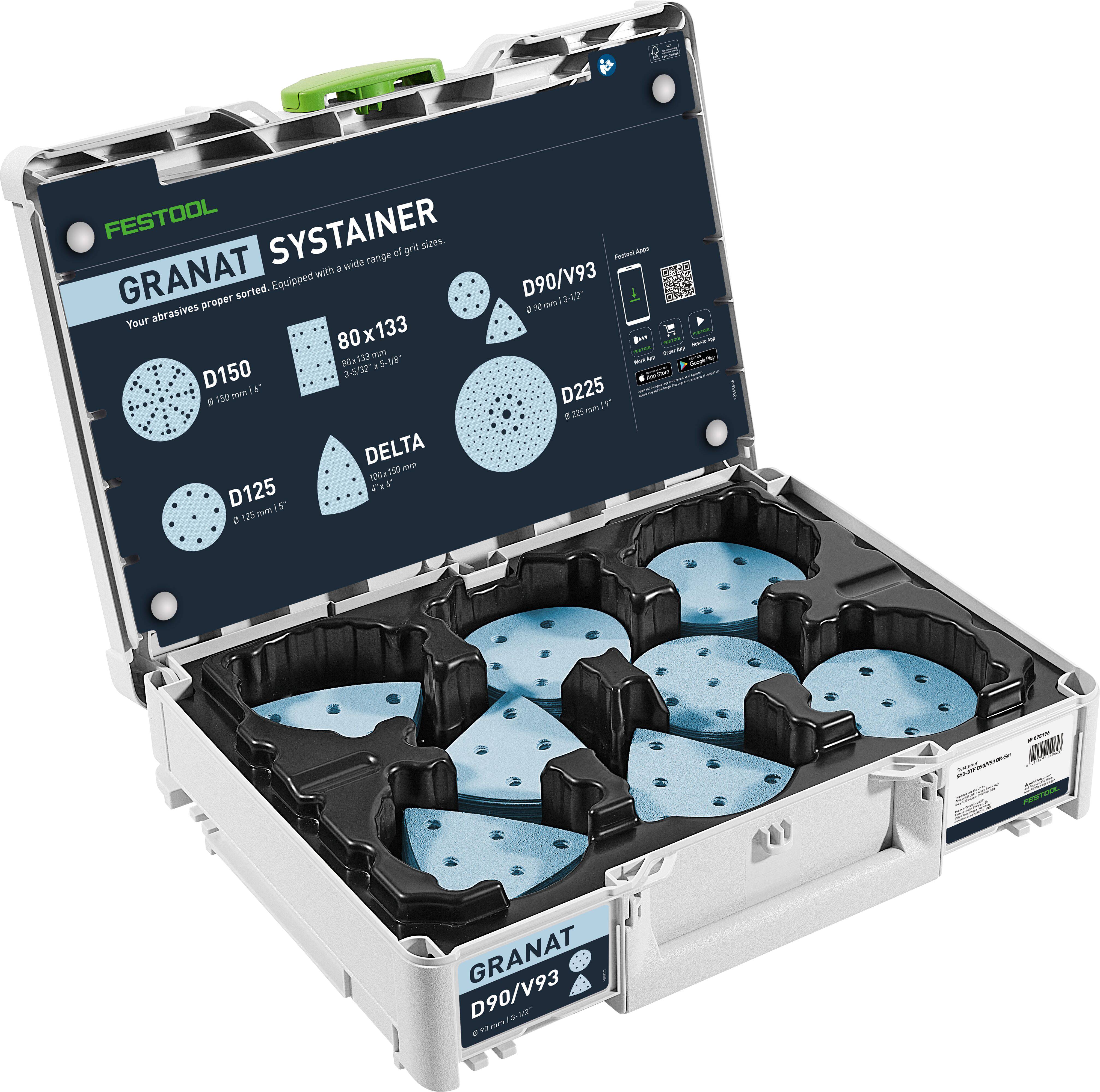 'Festool Granat Systainer' contains various sandpaper discs and sheets organized by size and shape, suitable for different sanding needs.