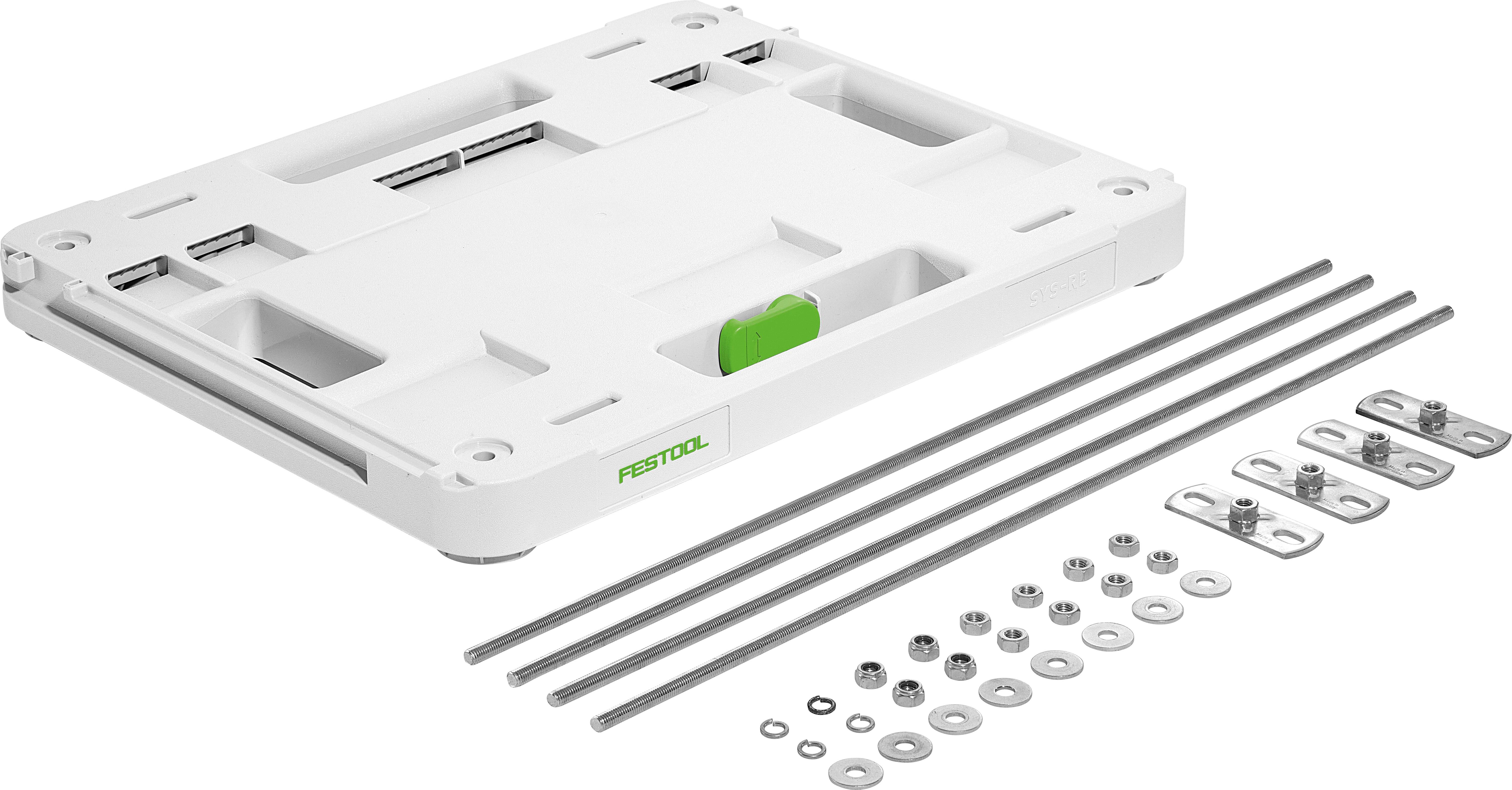 A white Festool tool organizing platform with slots and a green latch, alongside four metal rods, washers, nuts, and brackets.