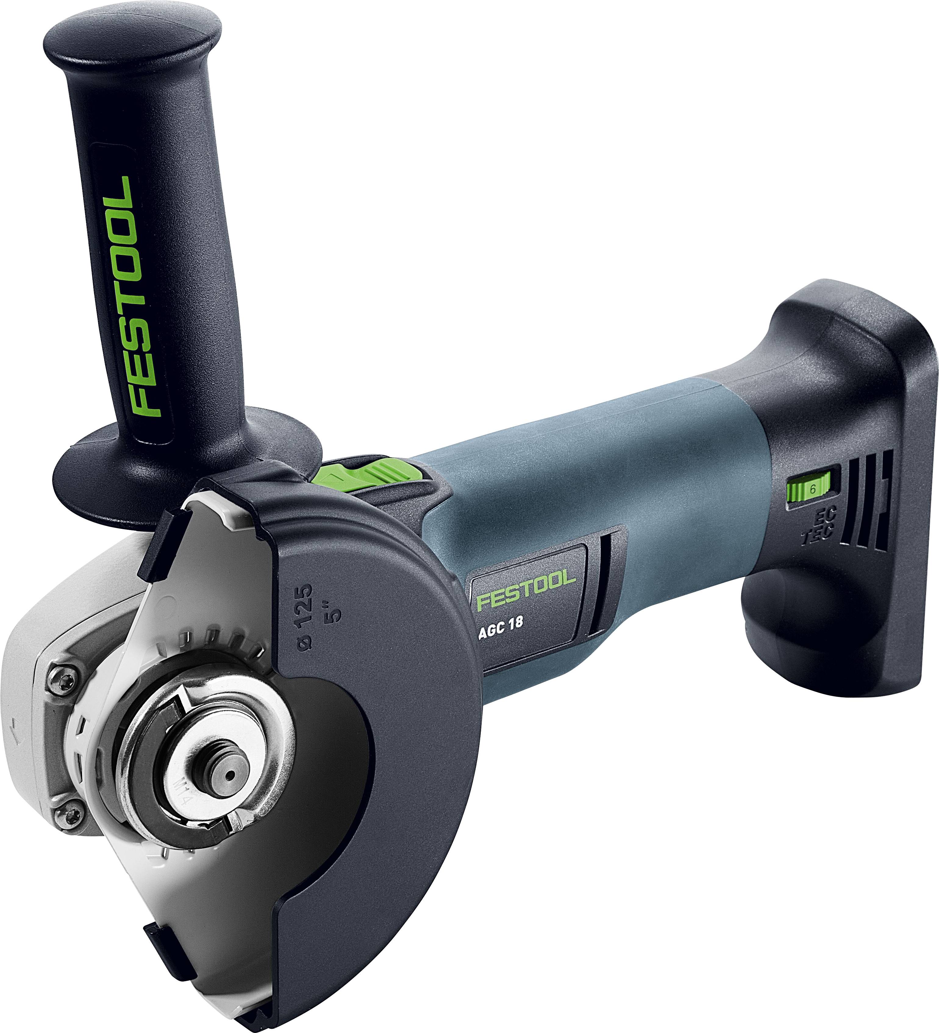 Cordless angle grinder with hand grip, labeled 'FESTOOL AGC 18', featuring a protective guard and cutting disc, designed for precision cutting tasks.
