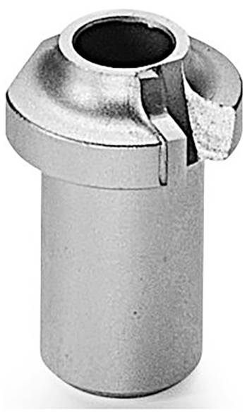Close-up of a metallic tool part with a cylindrical base and a notched, wider top.