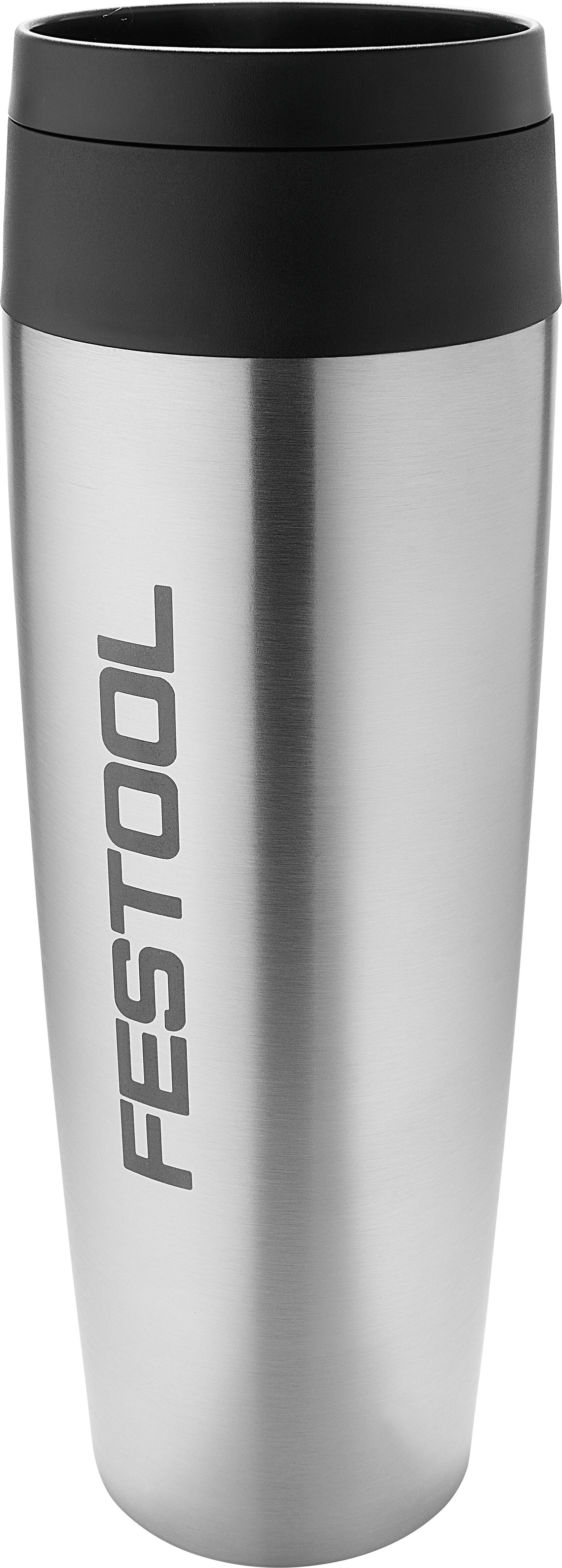 Stainless steel travel mug with black lid and 'Festool' logo in bold letters on the side.