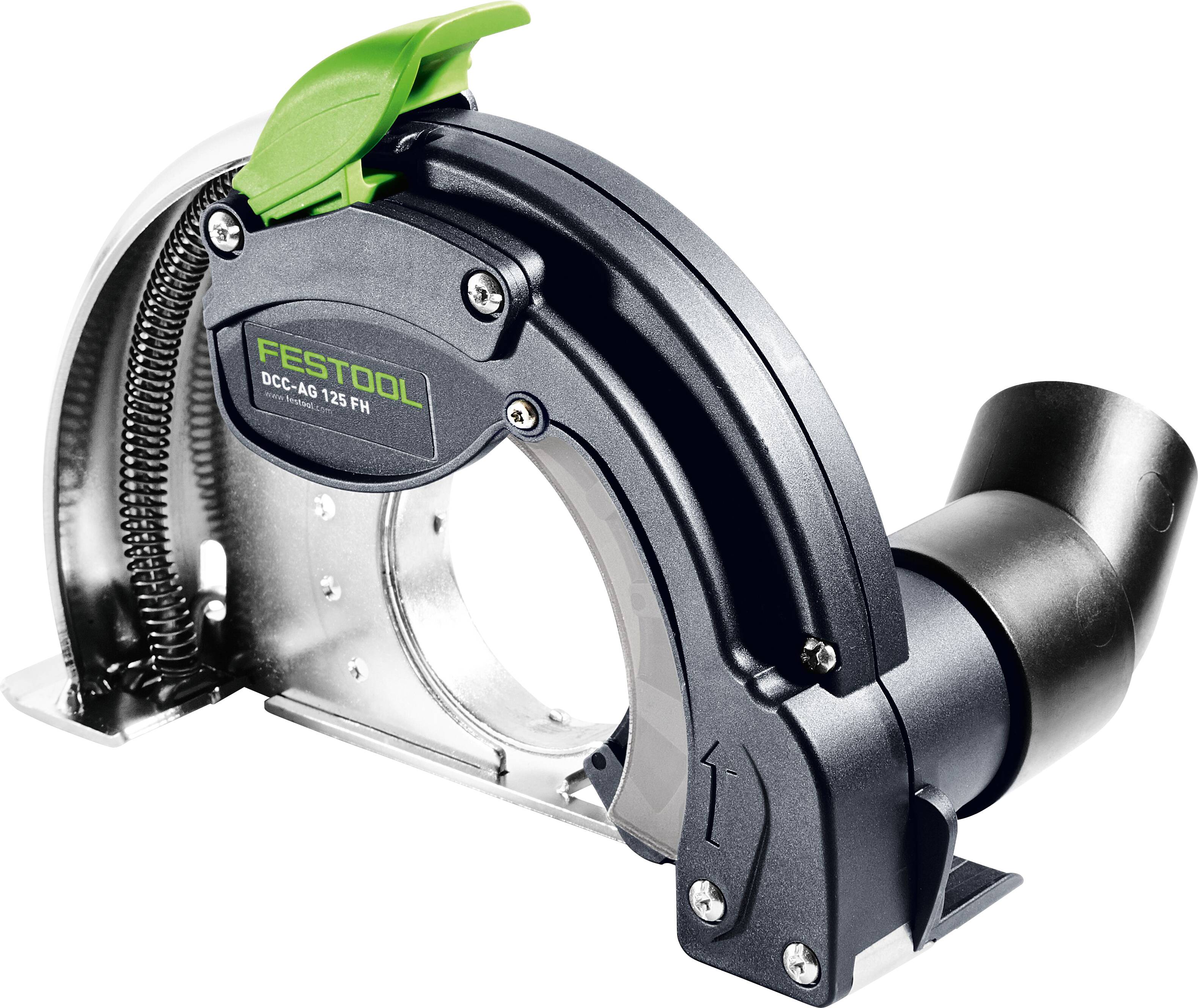 Dust extraction attachment for Festool tools, featuring a black and silver design with a green latch and connection pipe.