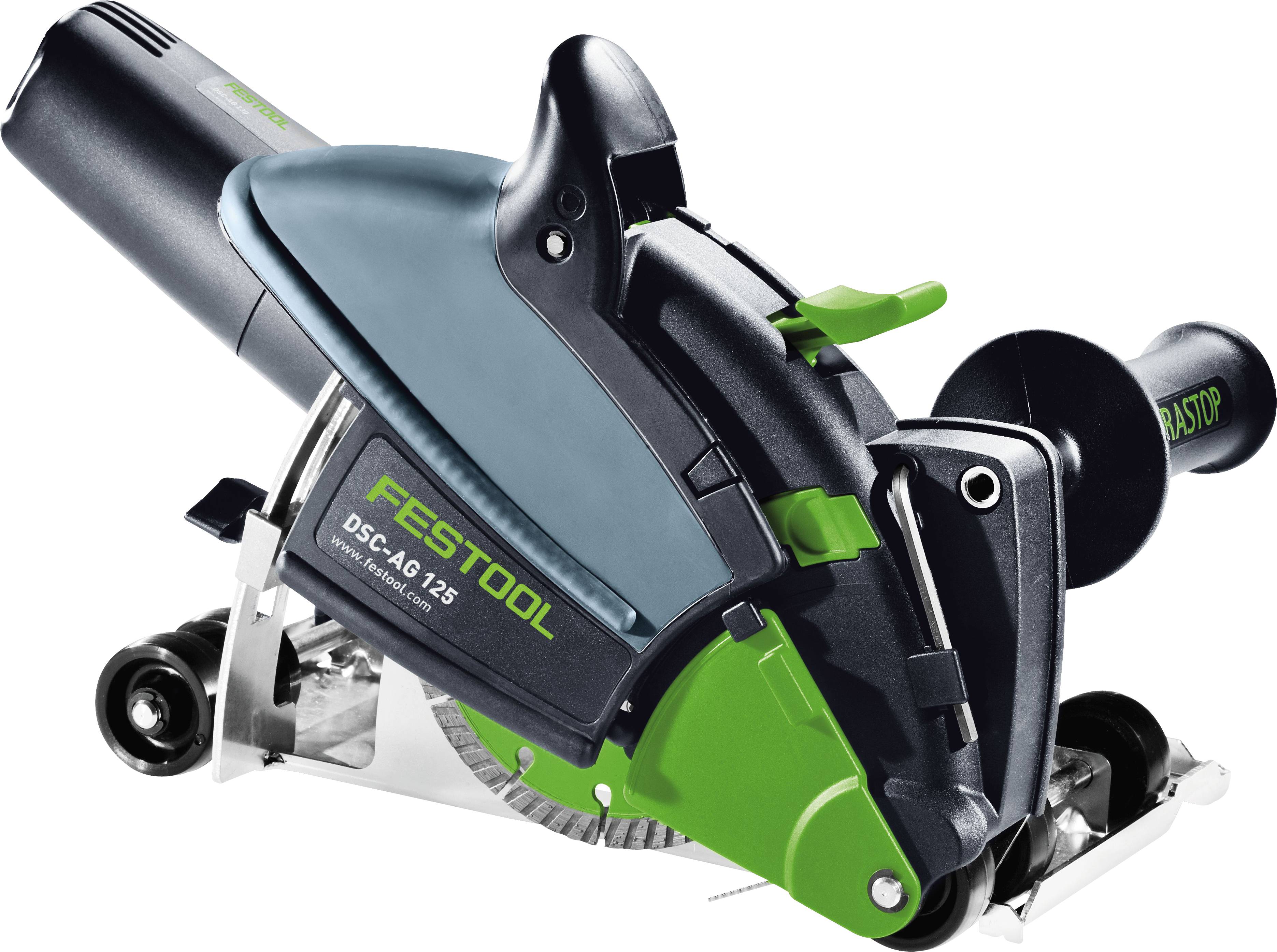 A black and green disc cutter labeled 'Festool DSC-AG 125' with a safety handle and guard, designed for cutting materials precisely.