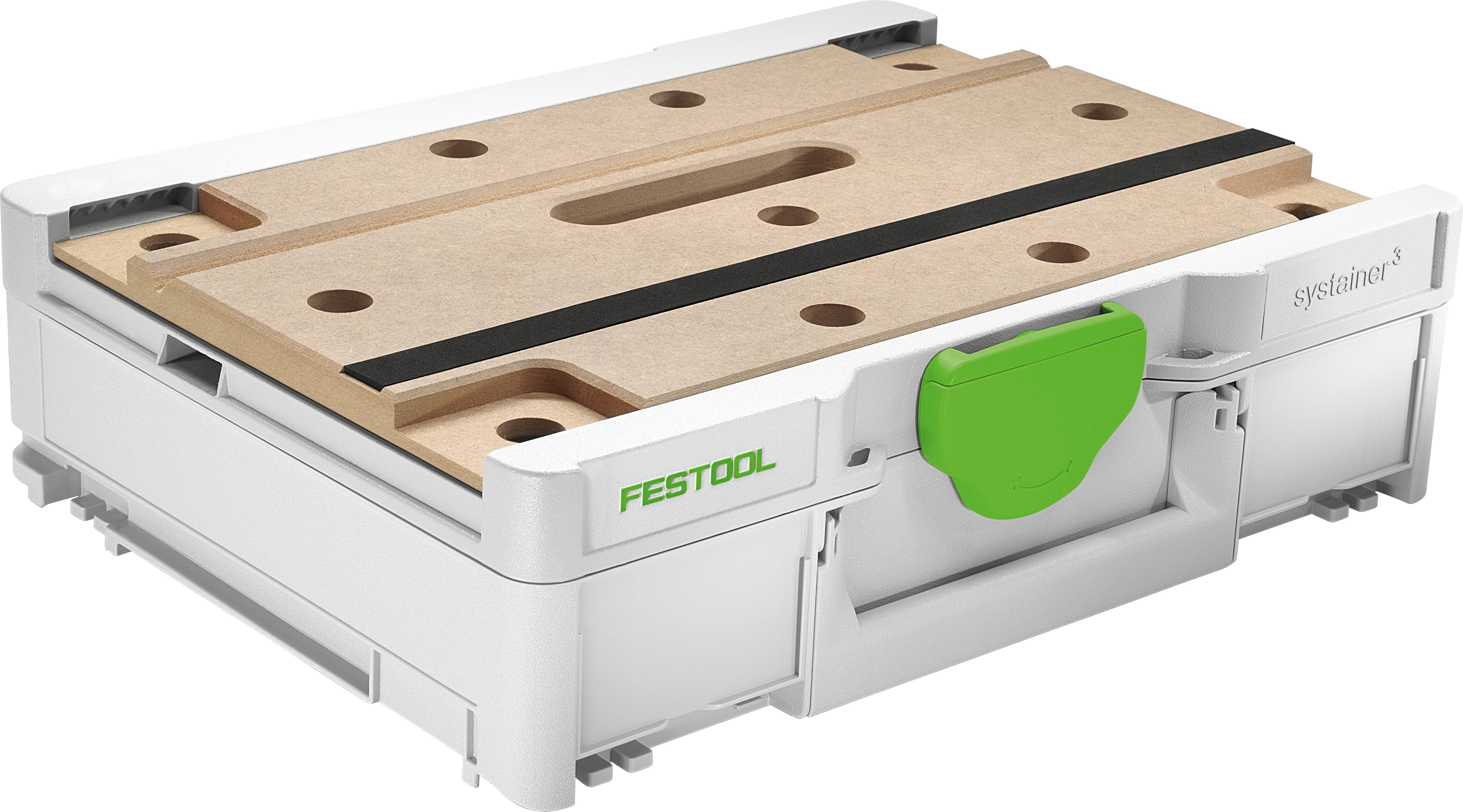 A white and green Festool toolbox with a wooden base, featuring multiple holes and a handle for easy carrying, designed for efficient tool storage.