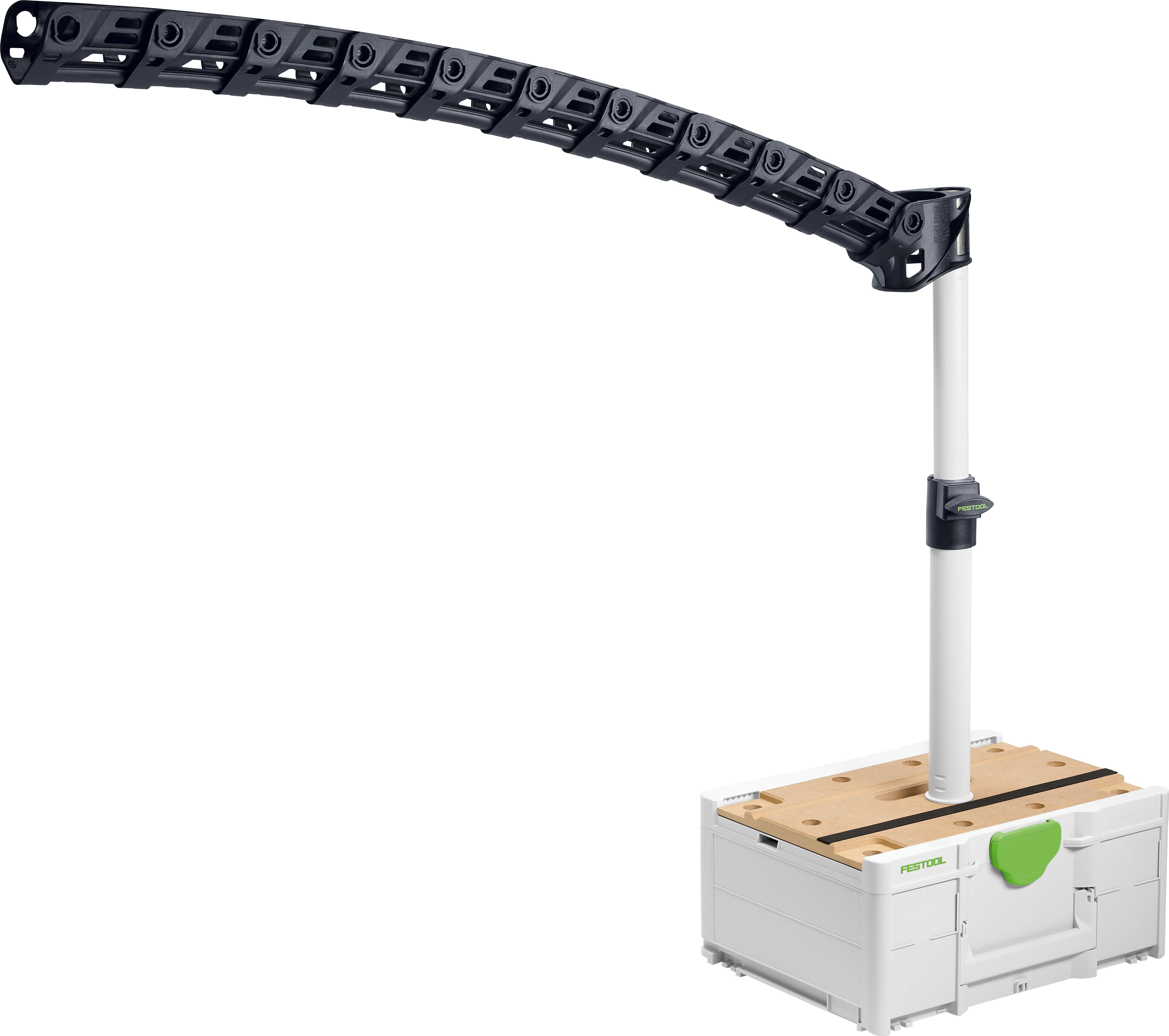 A vacuum hose holder mounted on a toolbox, designed to maintain hose position during woodworking or similar tasks.