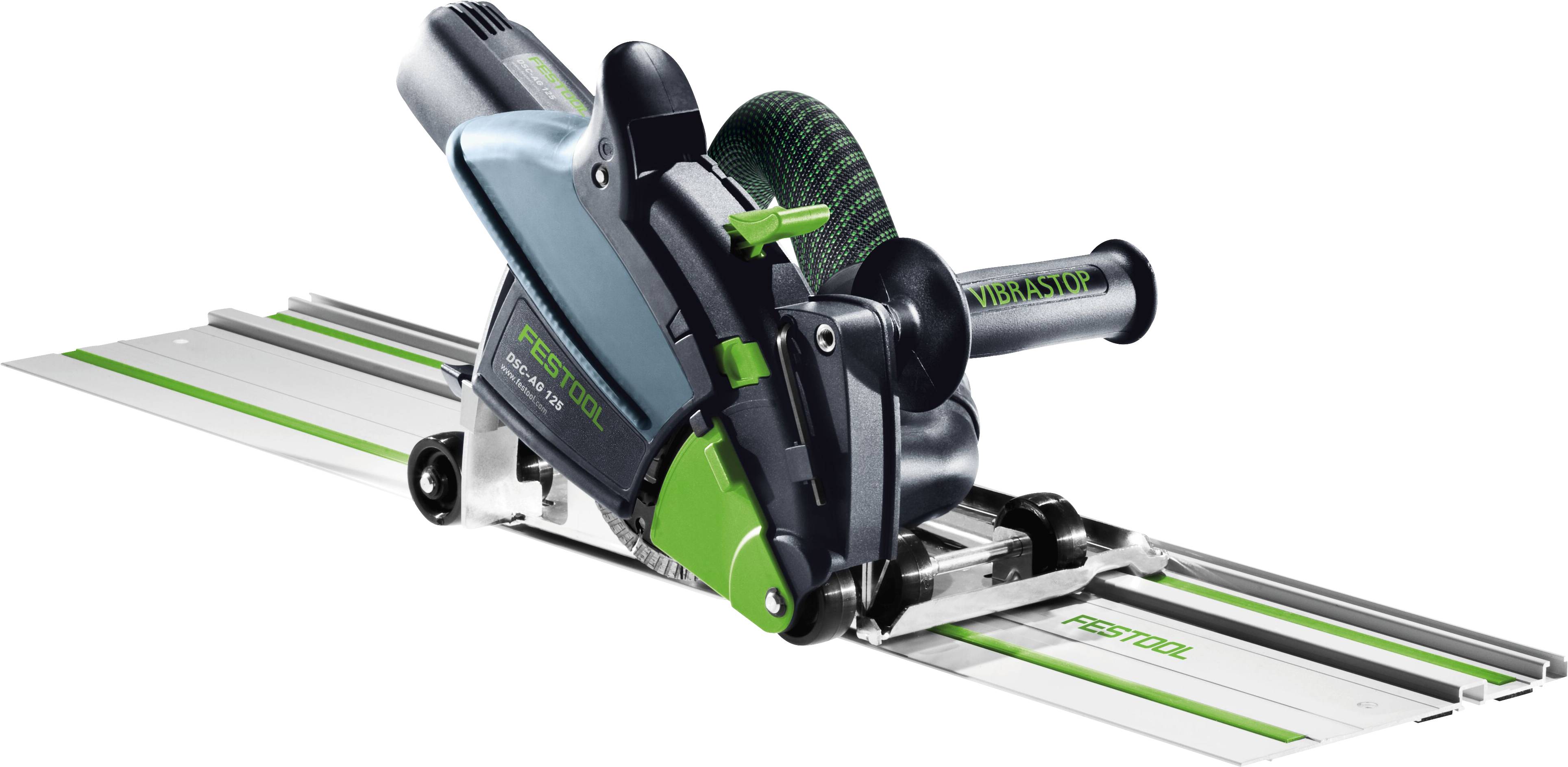 A handheld circular saw on a guide rail, branded 'Festool', with a green handle and accents, set up for precise cuts.