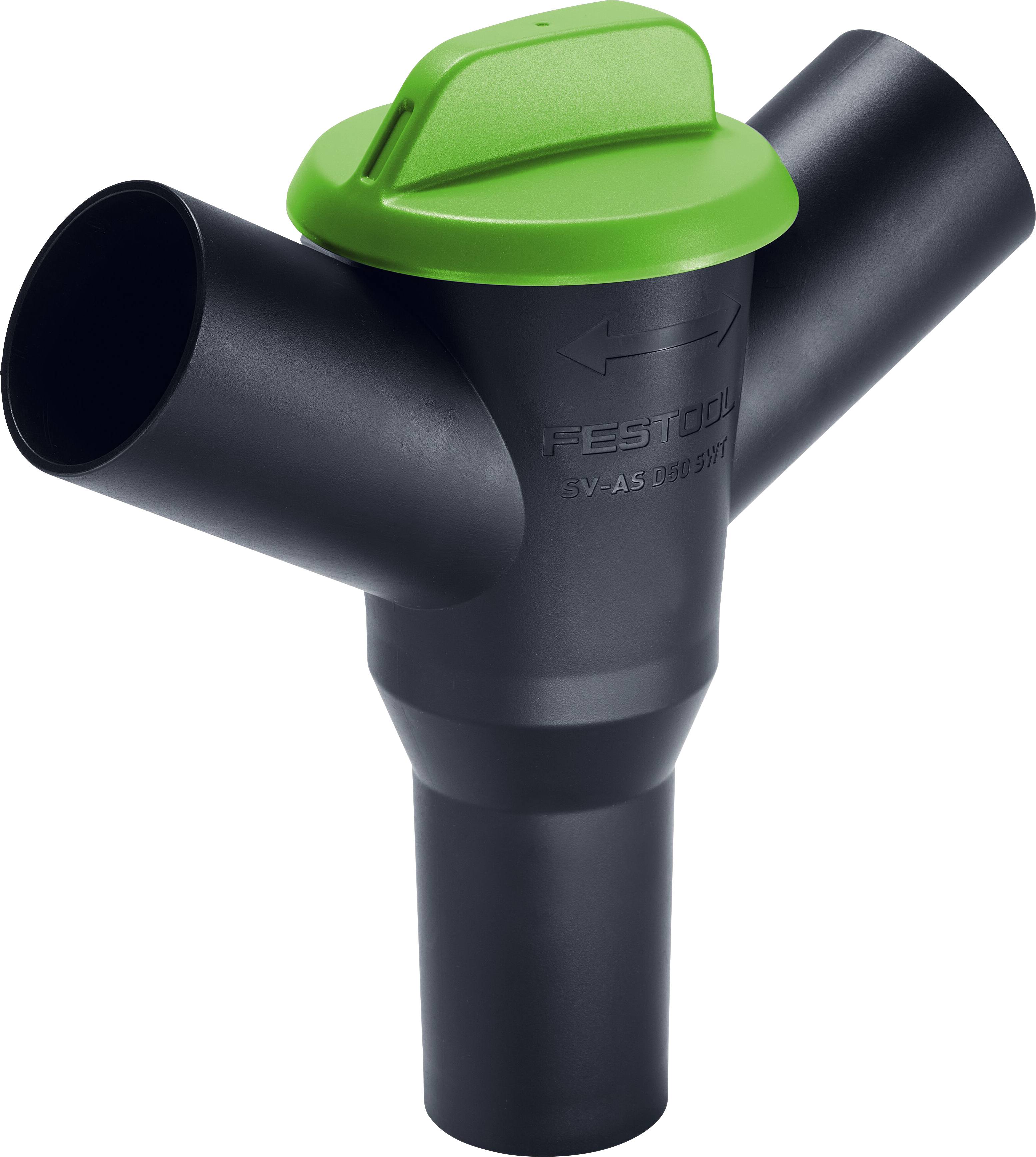'Festool Y-splitter adapter' depicted, with a black body and a green cap, designed for dual outlet hose connection in power tools.